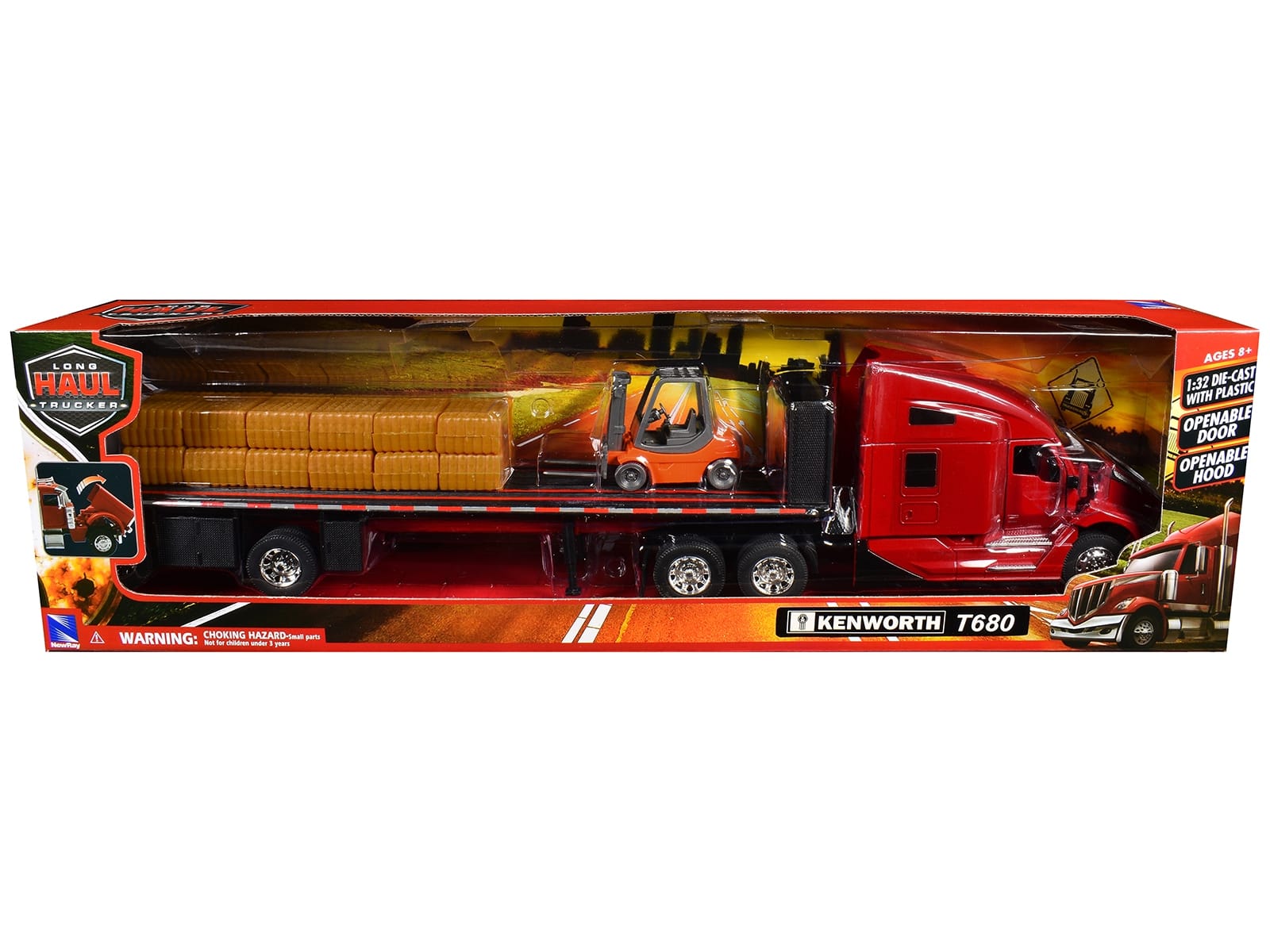 Kenworth T680 Truck Red and Flatbed Trailer with Forklift and Hay Load "Long Haul Trucker" Series 1/32 Diecast Model by New Ray - Image 2