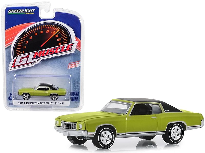 1971 Chevrolet Monte Carlo SS 454 Cottonwood Green with Black Top “Greenlight Muscle” Series 22 1/64 Diecast Model Car by Greenlight