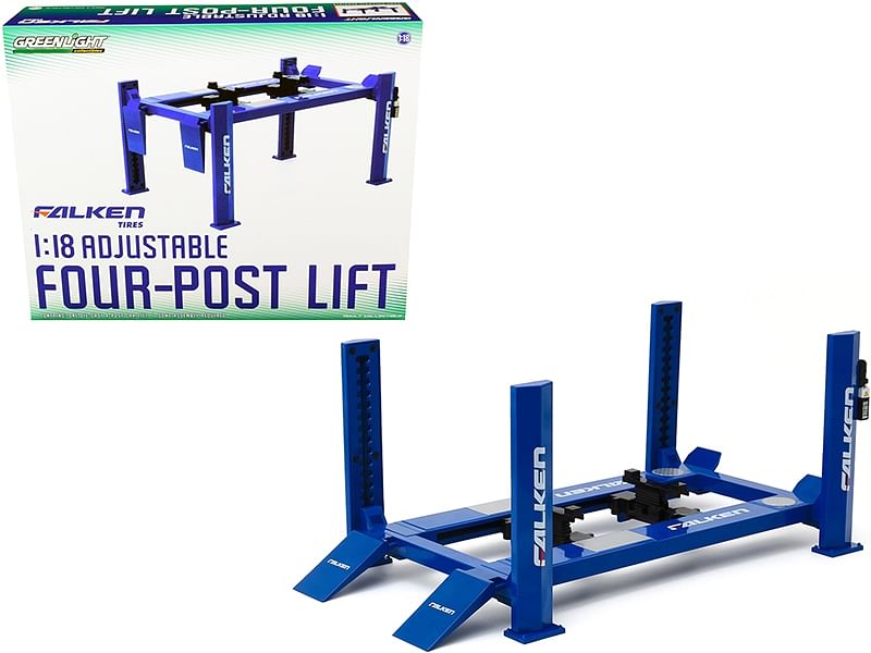 Adjustable Four Post Lift “Falken Tires” Blue for 1/18 Scale Diecast Model Cars by Greenlight