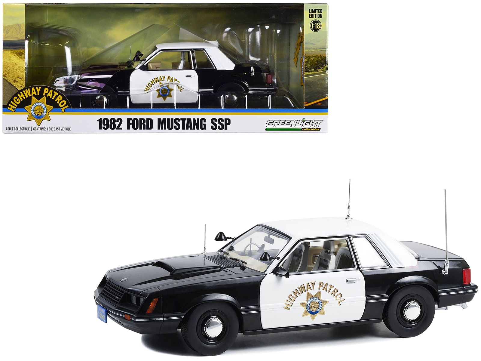 1982 Ford Mustang SSP Black and White “California Highway Patrol”  1/18 Diecast Model Car by Greenlight