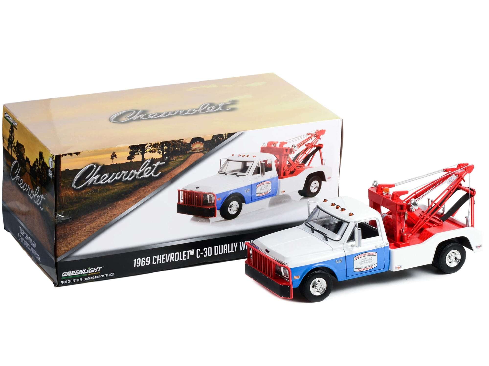 1969 Chevrolet C-30 Dually Wrecker Tow Truck White and Blue "Hazzard County Garage" 1/18 Diecast Model Car by Greenlight - Image 2