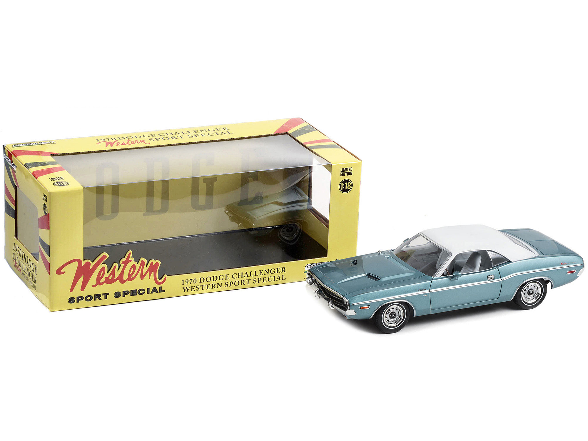 1970 Dodge Challenger “Western Sport Special” Light Blue Metallic with White Vinyl Top and White Interior 1/18 Diecast Model Car by Greenlight