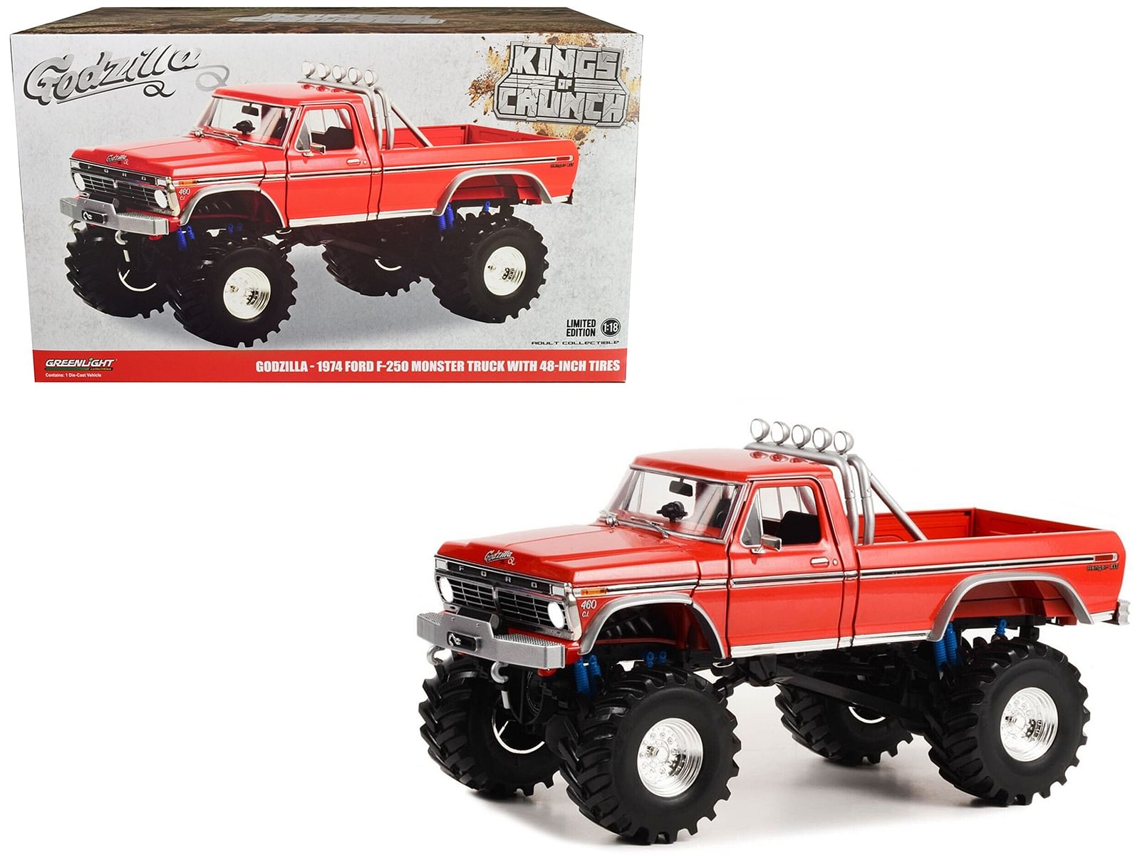 1974 Ford F-250 Monster Truck with 48-Inch Tires Red “Godzilla” “Kings of Crunch” Series 1/18 Diecast Model Car by Greenlight