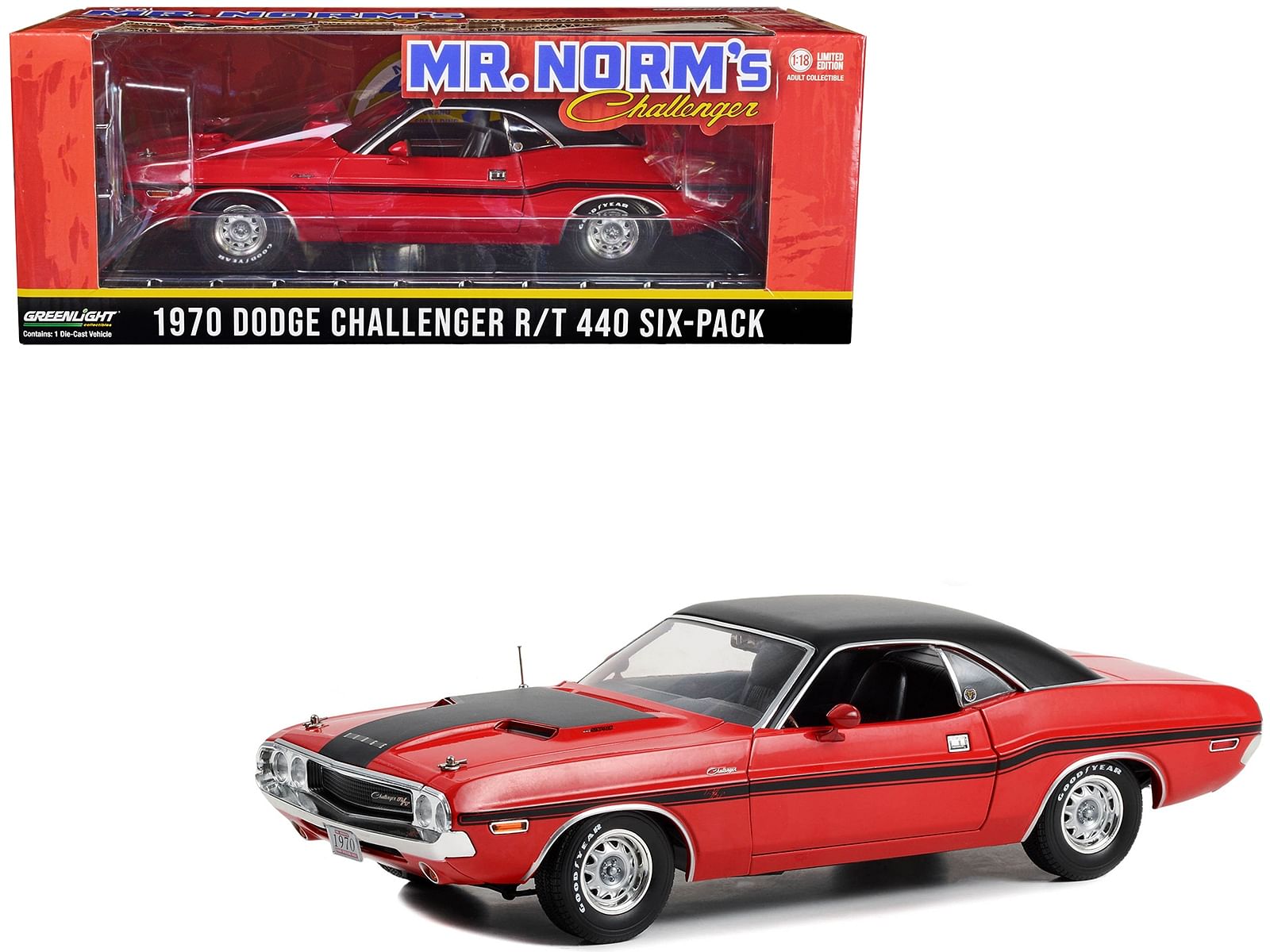 1970 Dodge Challenger R/T 440 Six-Pack Red with Black Stripes and Top “Real Mr. Norm’s Challenger – Mr. Norm’s Grand Spaulding Dodge” 1/18 Diecast Model Car by Greenlight