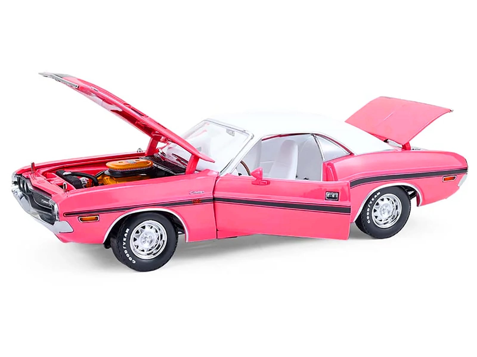 1970 Dodge Challenger R/T 440 Six Pack Panther Pink with Black Stripes White Top and White Interior 1/18 Diecast Model Car by Greenlight - Image 2