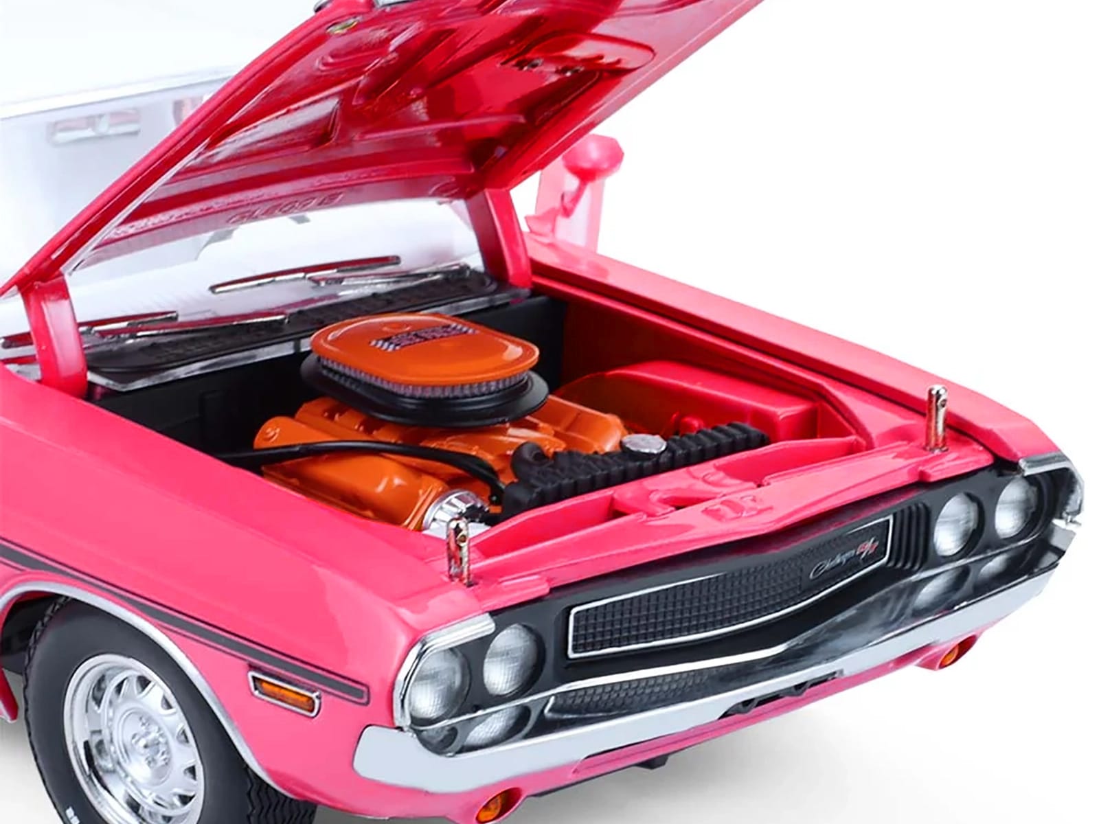 1970 Dodge Challenger R/T 440 Six Pack Panther Pink with Black Stripes White Top and White Interior 1/18 Diecast Model Car by Greenlight - Image 3
