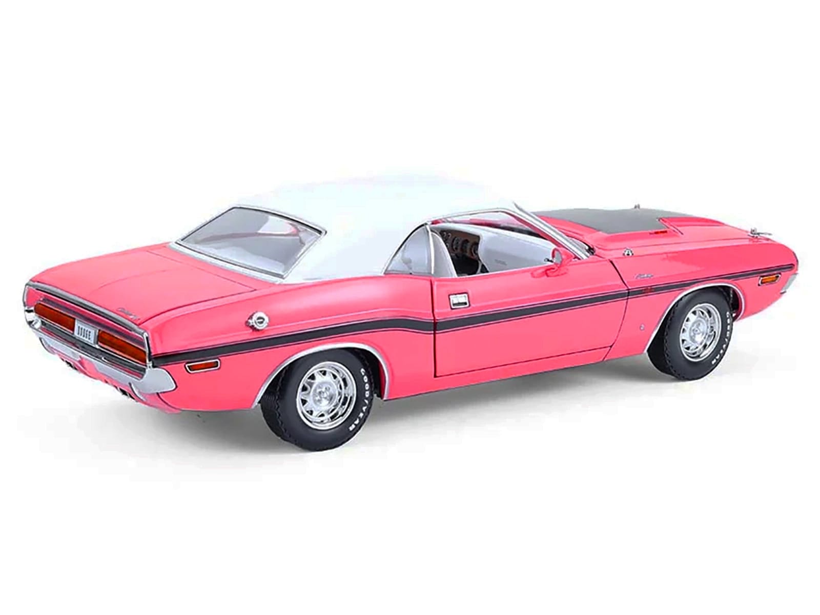 1970 Dodge Challenger R/T 440 Six Pack Panther Pink with Black Stripes White Top and White Interior 1/18 Diecast Model Car by Greenlight - Image 5
