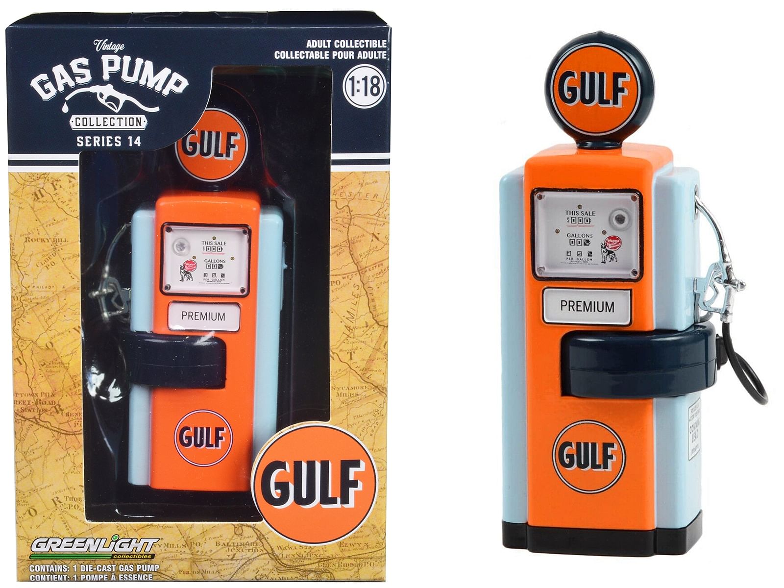 1948 Wayne 100-A Gas Pump “Gulf Oil” Orange and Light Blue “Vintage Gas Pumps” Series 14 1/18 Diecast Replica by Greenlight