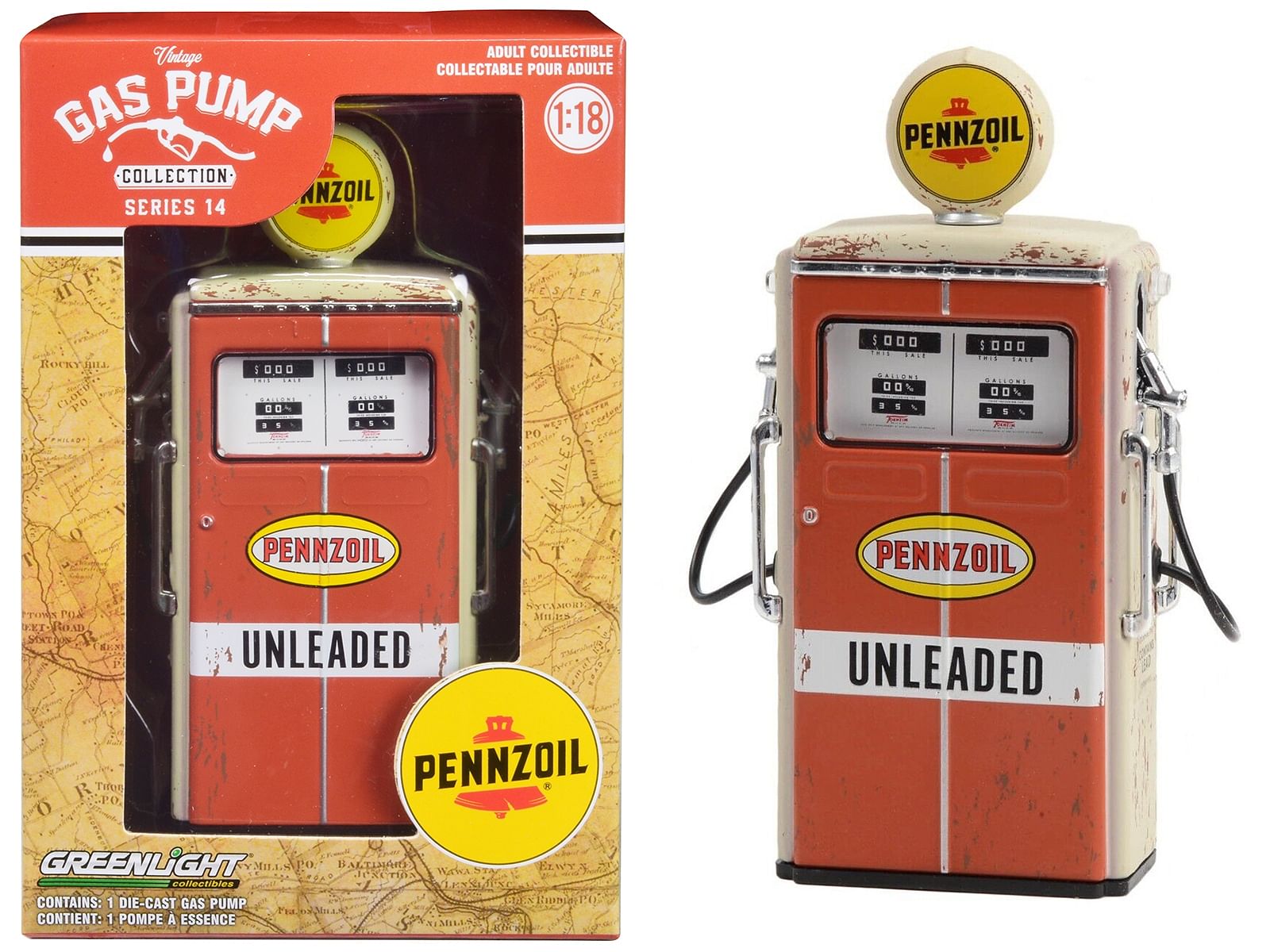 1954 Tokheim 350 Twin Gas Pump “Pennzoil Unleaded” Orange and Beige (Weathered) “Vintage Gas Pumps” Series 14 1/18 Diecast Replica by Greenlight