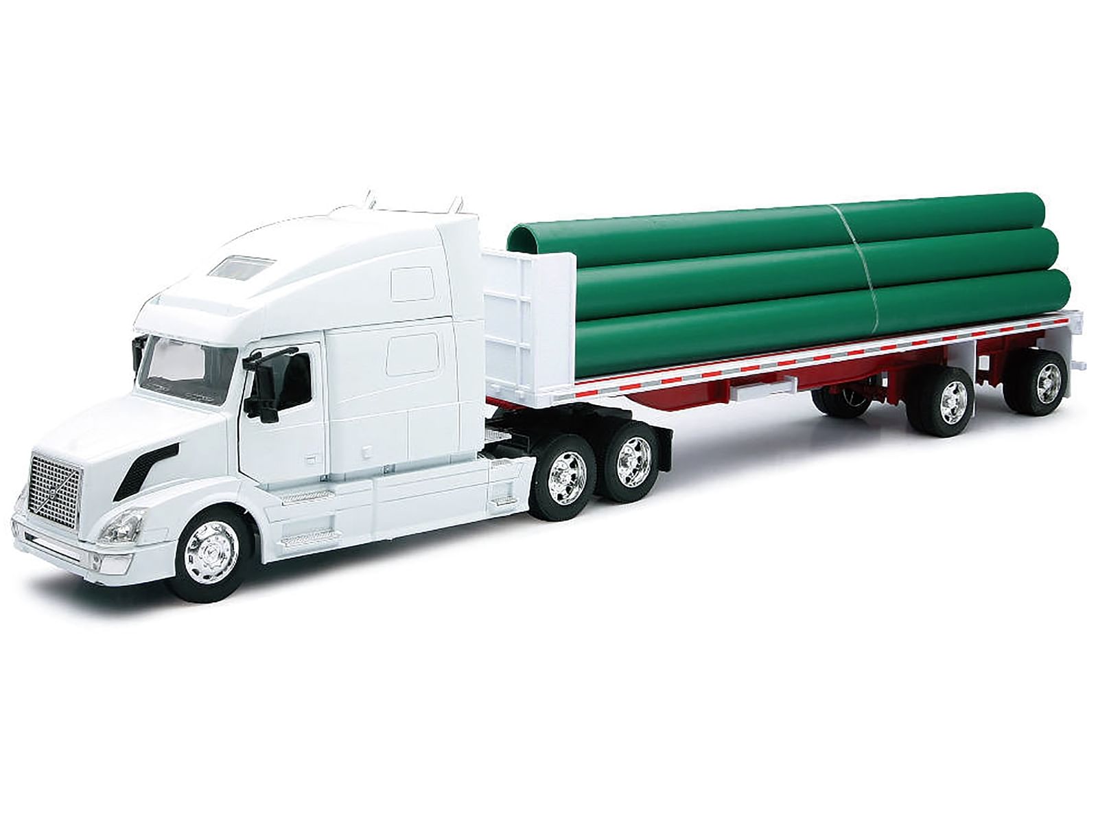 Volvo VN-780 Truck with Flatbed Trailer and Long Pipes White “Long Haul Truckers” Series 1/32 Diecast Model by New Ray