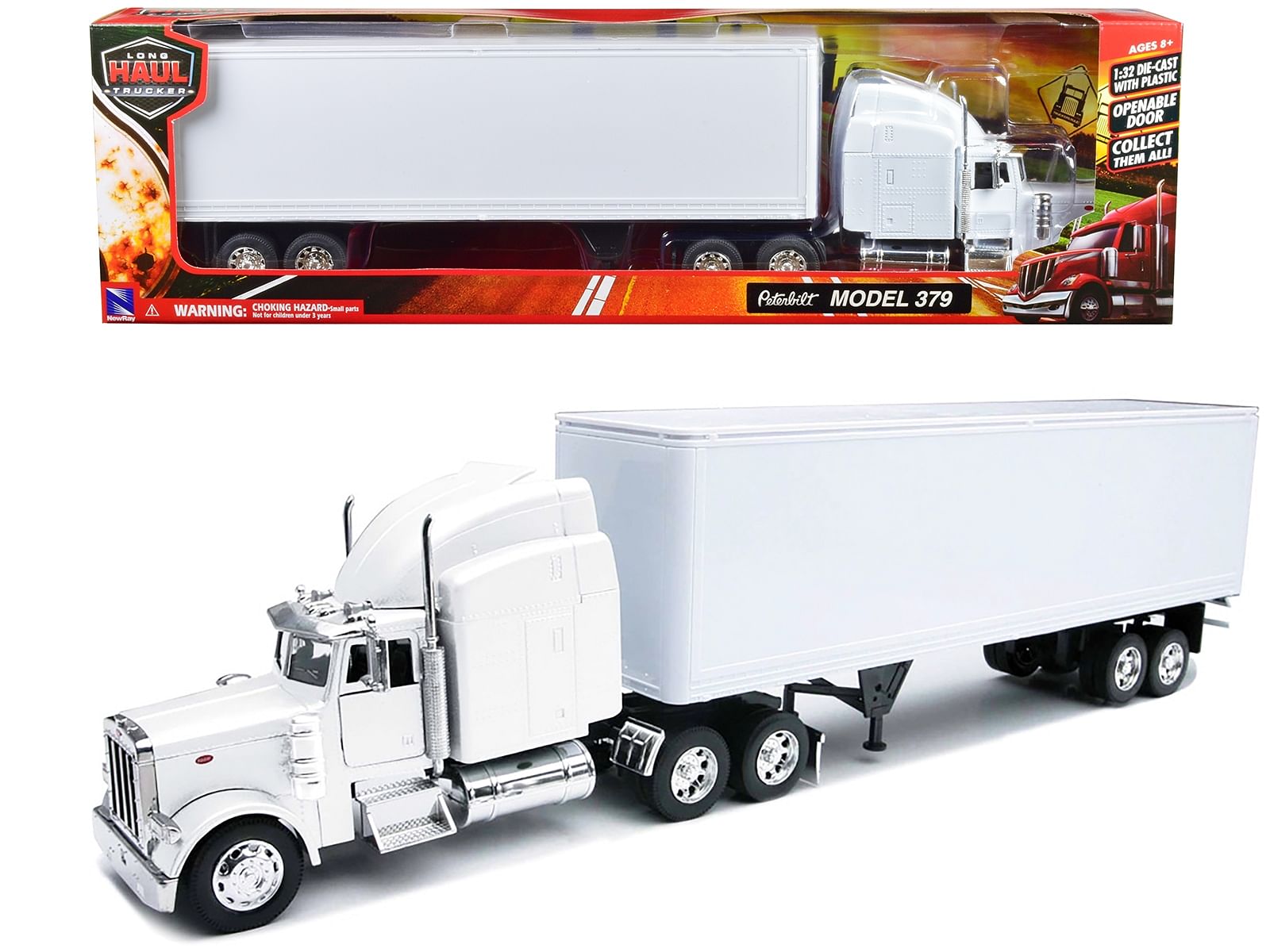 Peterbilt 379 Truck with Dry Goods Trailer White “Long Haul Trucker” Series 1/32 Diecast Model by New Ray