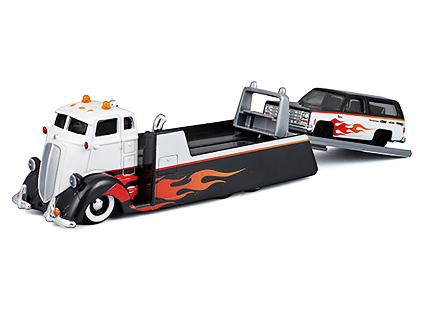 COE Flatbed Truck White and Black with Flame Graphics and 1979 Chevrolet K5 Blazer Black and White with Flame Graphics "Elite Transport" Series 1/64 Diecast Models by Maisto - Image 2