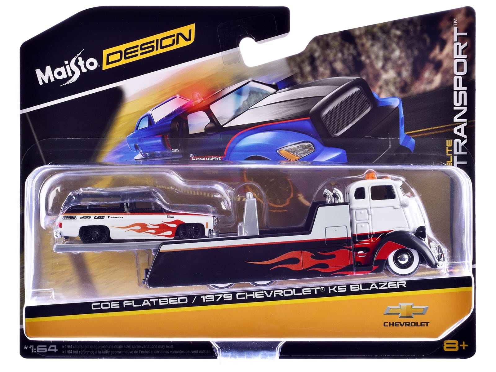 COE Flatbed Truck White and Black with Flame Graphics and 1979 Chevrolet K5 Blazer Black and White with Flame Graphics "Elite Transport" Series 1/64 Diecast Models by Maisto - Image 3