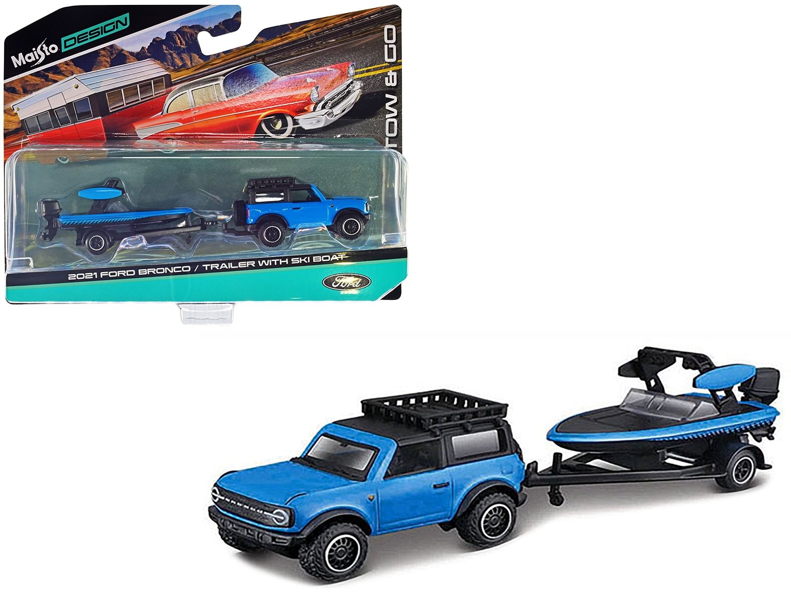 2021 Ford Bronco Blue with Black Top and Roof Rack and Ski Boat with Trailer Blue and Black “Tow & Go” Series 1/64 Diecast Model Car by Maisto