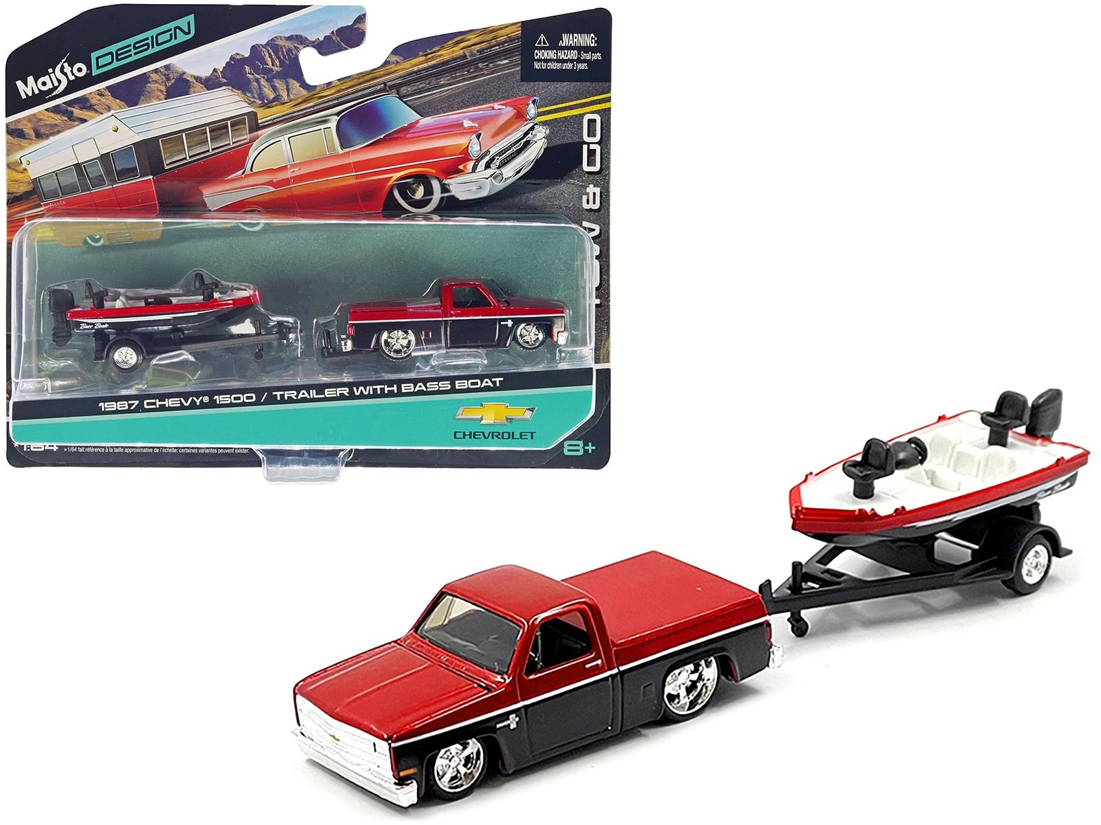 1987 Chevrolet 1500 Pickup Truck Candy Red and Black and Bass Boat with Trailer Red and Black “Tow & Go” Series 1/64 Diecast Model Car by Maisto