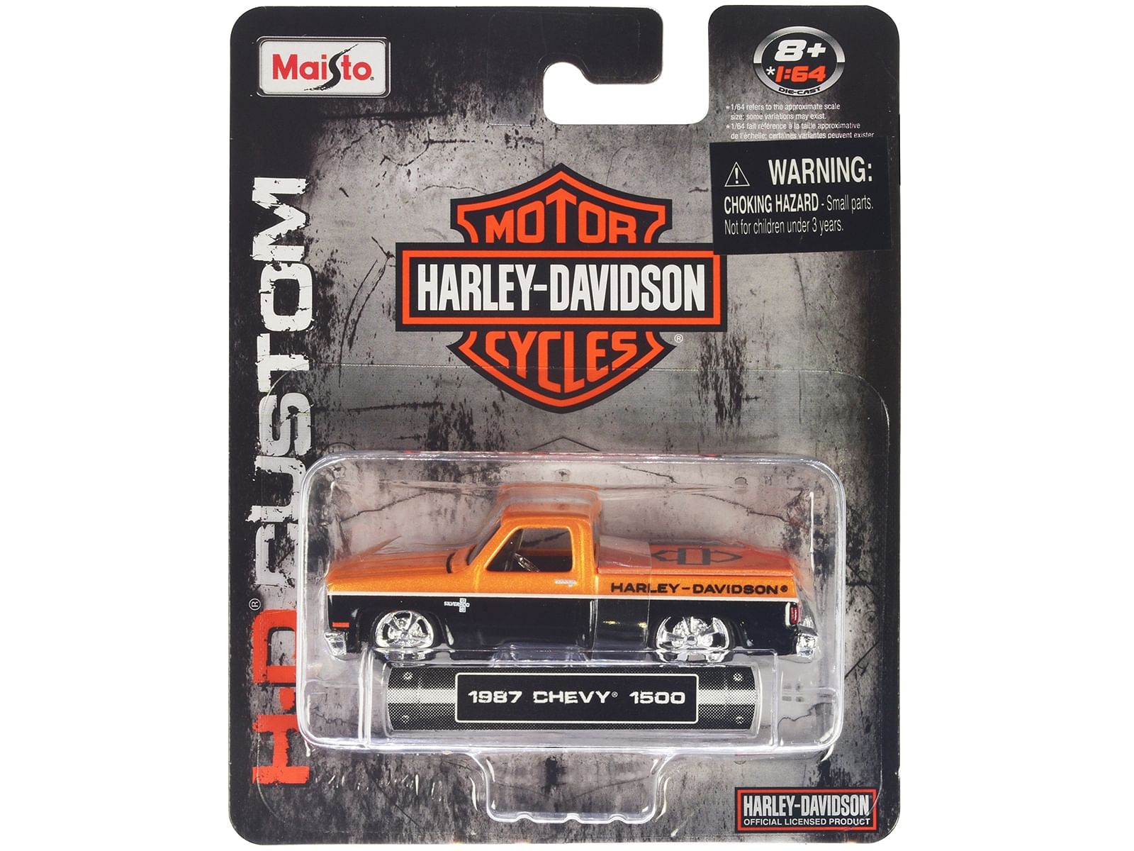 1987 Chevrolet 1500 Pickup Truck Orange Metallic and Black “Harley Davidson” “H-D Custom” Series 1/64 Diecast Model Car by Maisto