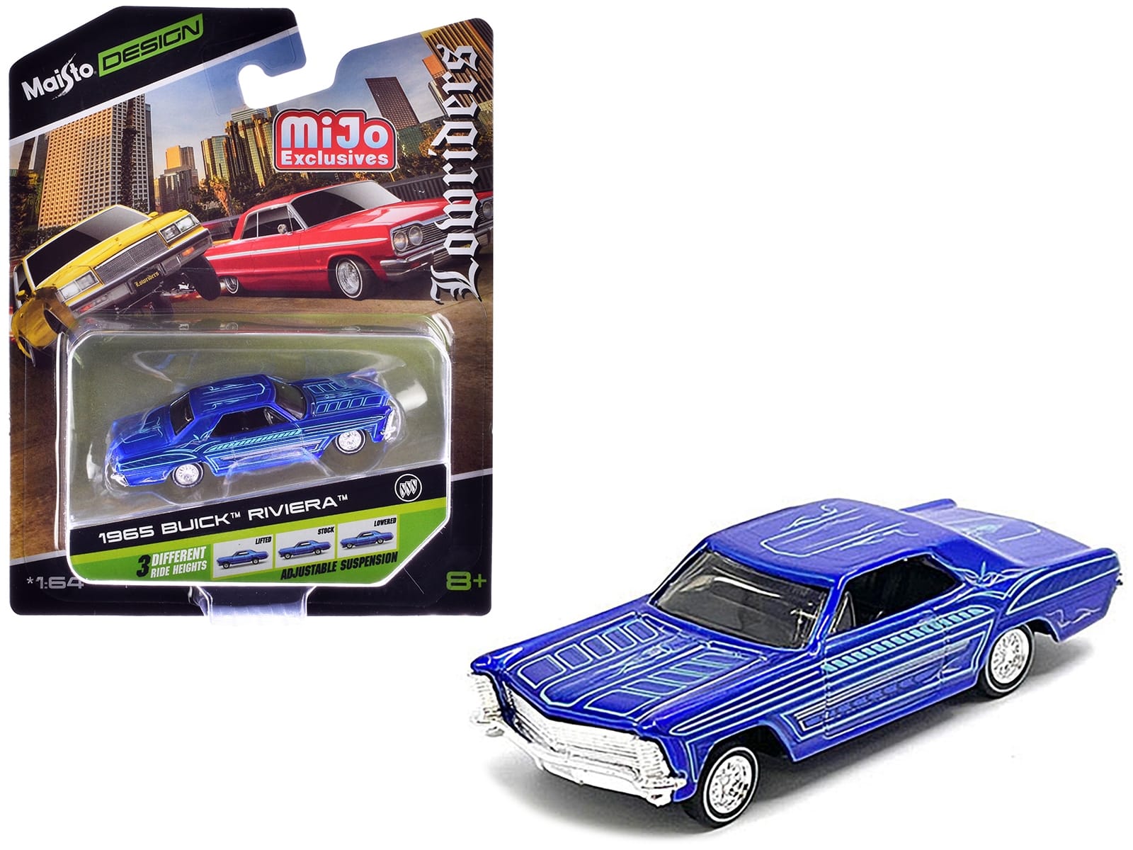 1965 Buick Riviera Candy Blue with Graphics "Lowriders" "Maisto Design" Series 1/64 Diecast Model Car by Maisto - Image 2