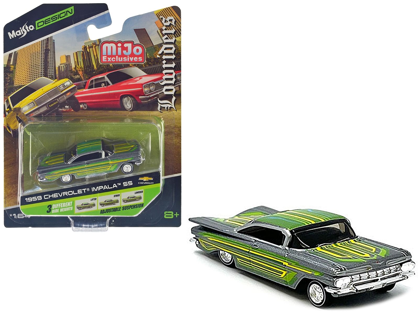 1959 Chevrolet Impala SS Lowrider Silver Metallic with Green Graphics “Lowriders” “Maisto Design” Series 1/64 Diecast Model Car by Maisto