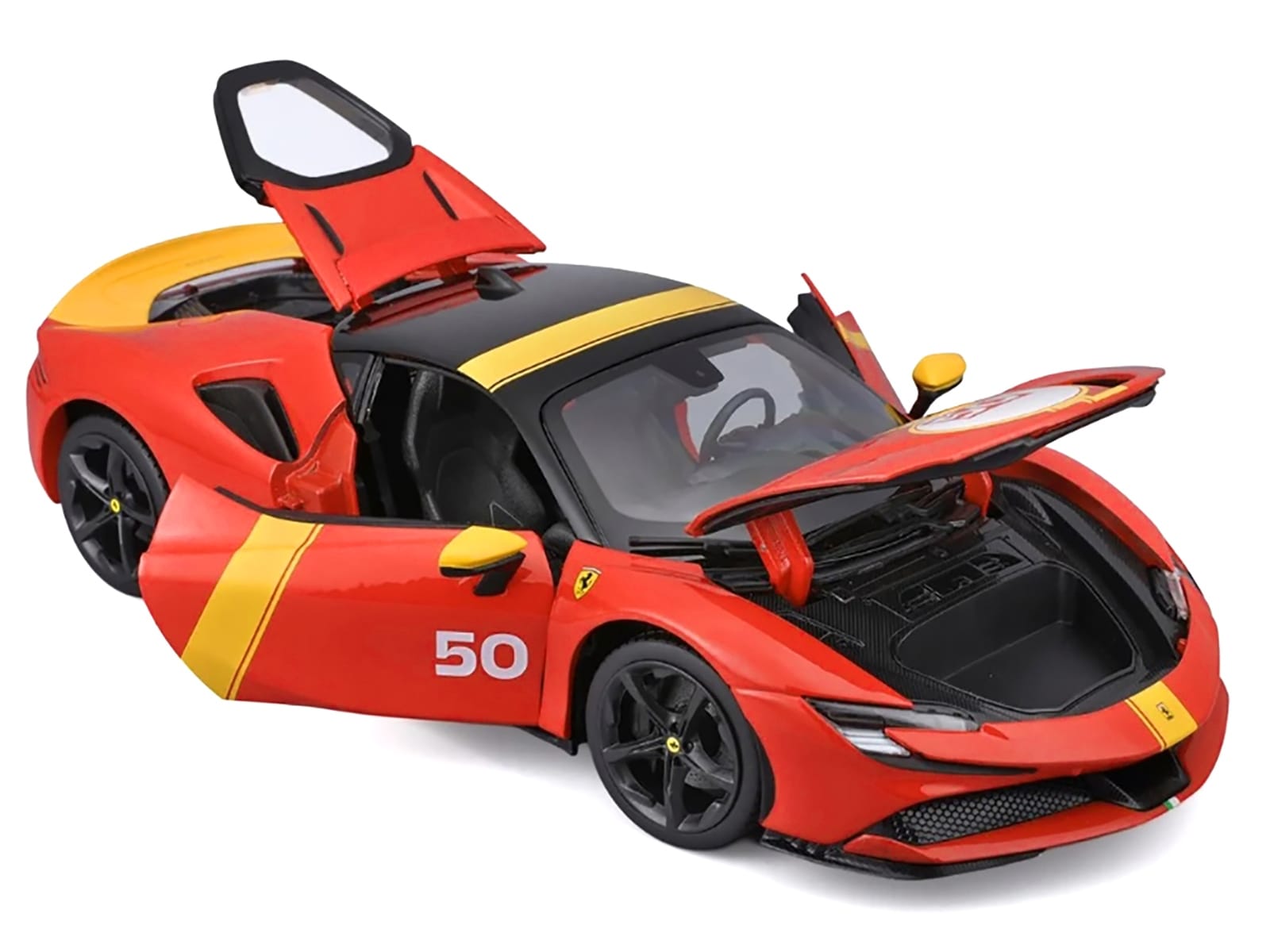 Ferrari SF90 Stradale Assetto Fiorano #50 Red with Black Top and Yellow Stripes "Race + Play" Series 1/18 Diecast Model Car by Bburago - Image 2
