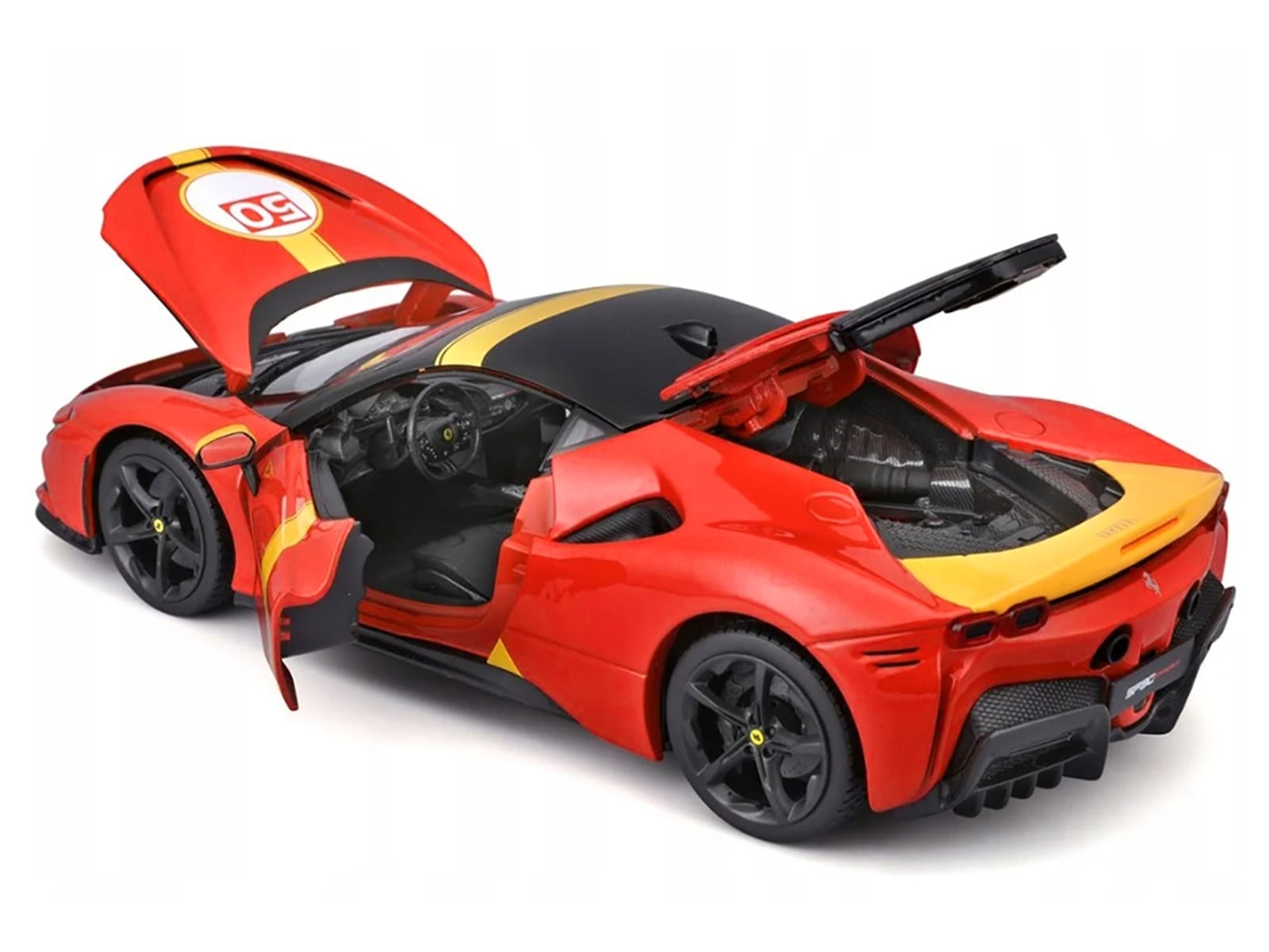 Ferrari SF90 Stradale Assetto Fiorano #50 Red with Black Top and Yellow Stripes "Race + Play" Series 1/18 Diecast Model Car by Bburago - Image 4