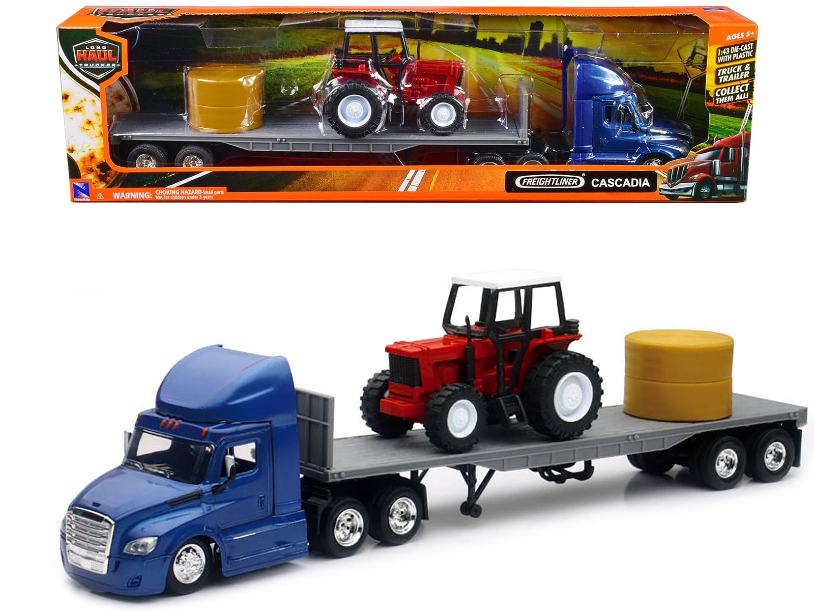 Freightliner Cascadia with Flatbed Trailer Blue with Farm Tractor Red and Hay Bales “Long Haul Trucker” Series 1/43 Diecast Model by New Ray