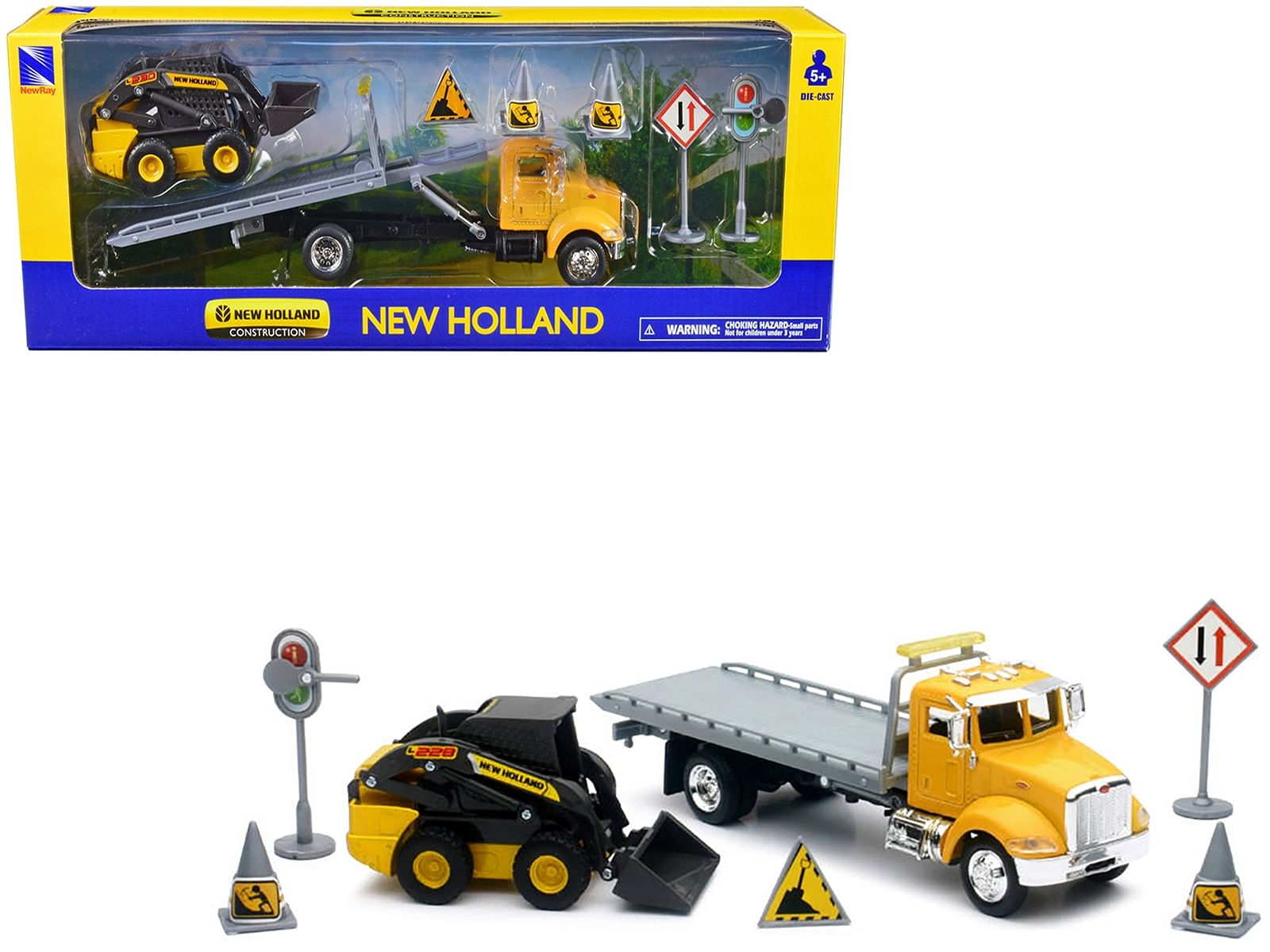 Peterbilt Roll-Off Flatbed Truck Yellow and New Holland L228 Skid Steer Yellow with Road Signs “New Holland Construction” Series 1/43 Diecast Model by New Ray