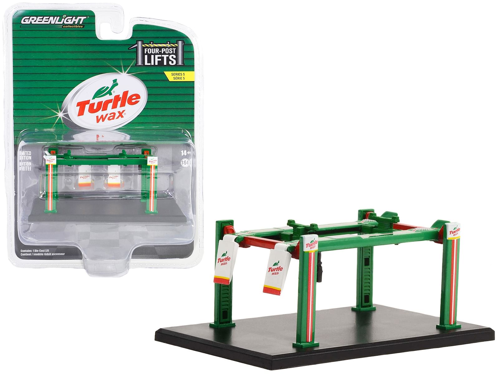 Adjustable Four-Post Lift “Turtle Wax” Green and Red “Four-Post Lifts” Series 5 1/64 Diecast Model by Greenlight