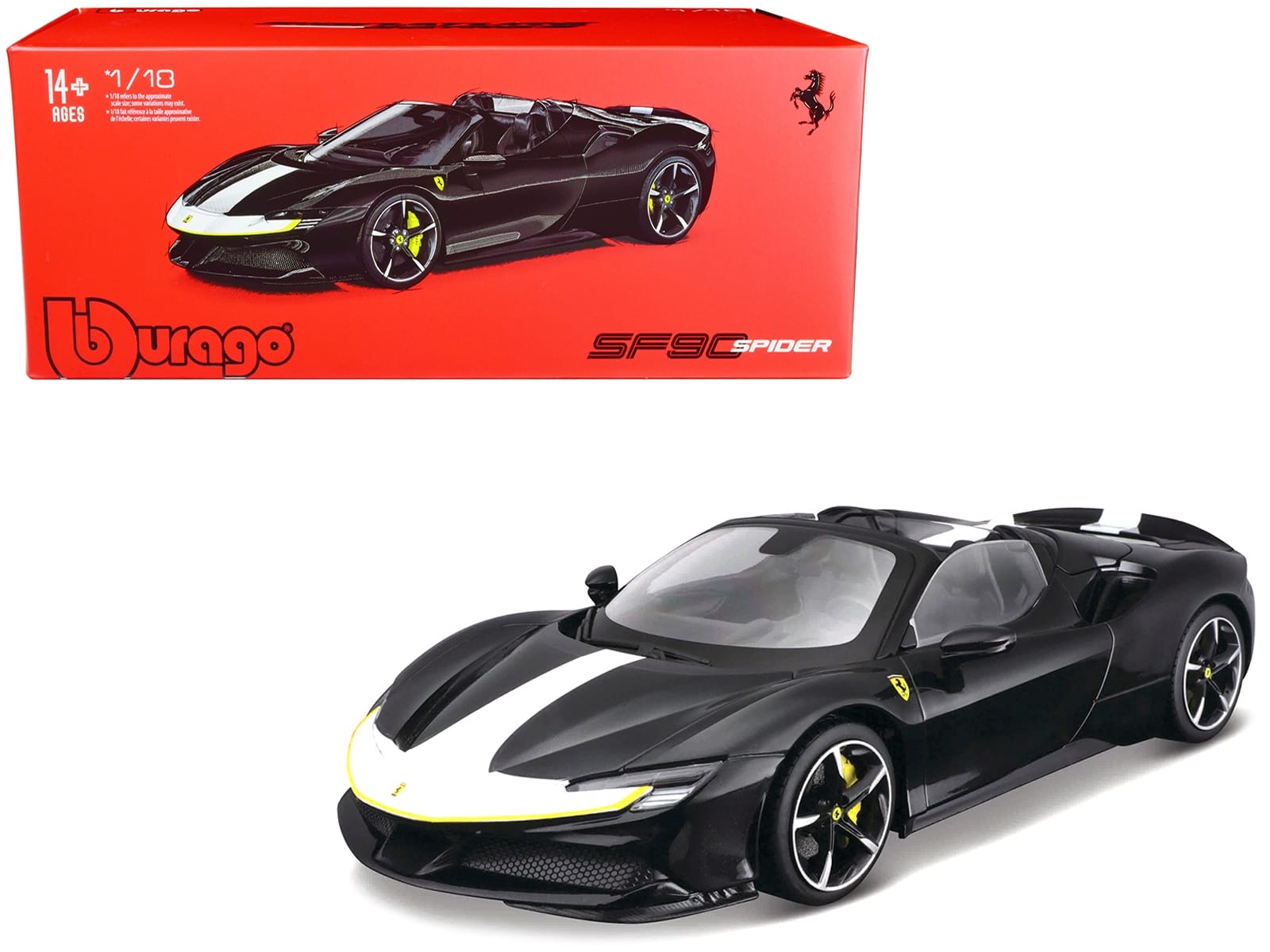 Ferrari SF90 Spider Assetto Fiorano Black Metallic with White Stripes "Signature Series" 1/18 Diecast Model Car by Bburago - Image 3