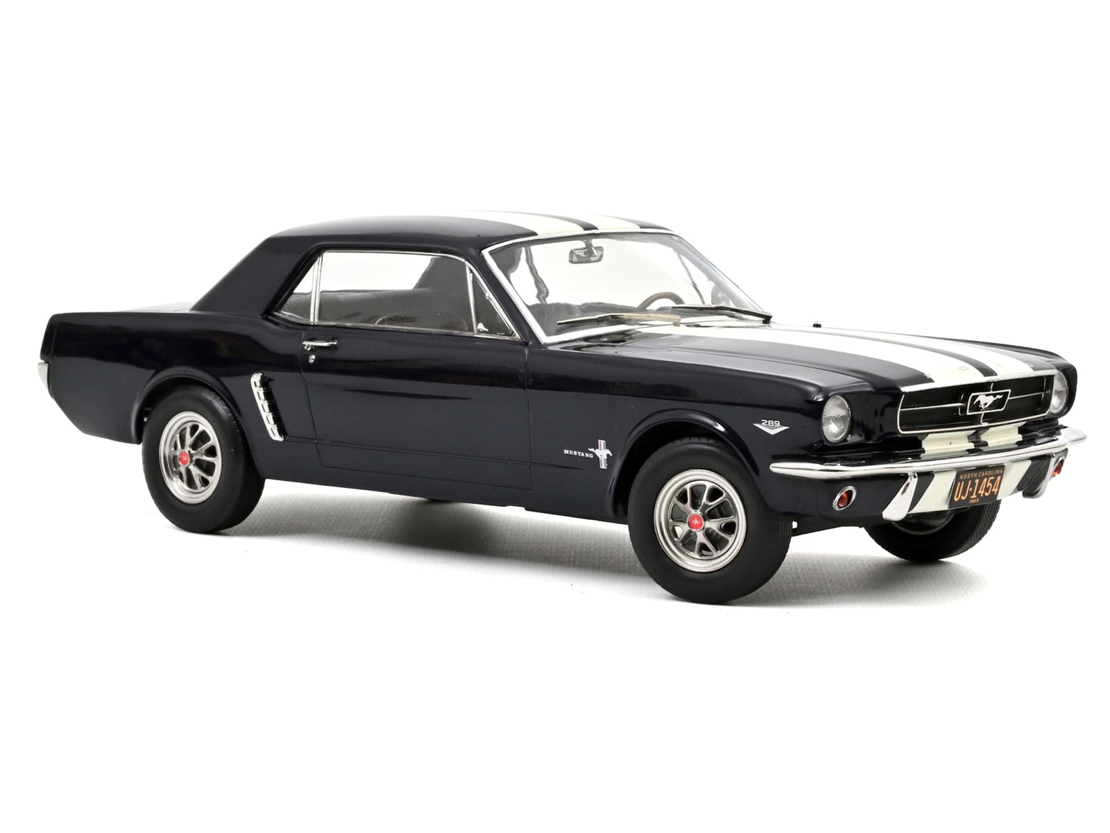 1965 Ford Mustang Hardtop Coupe Nightmist Blue Metallic with White Stripes 1/18 Diecast Model Car by Norev - Image 2