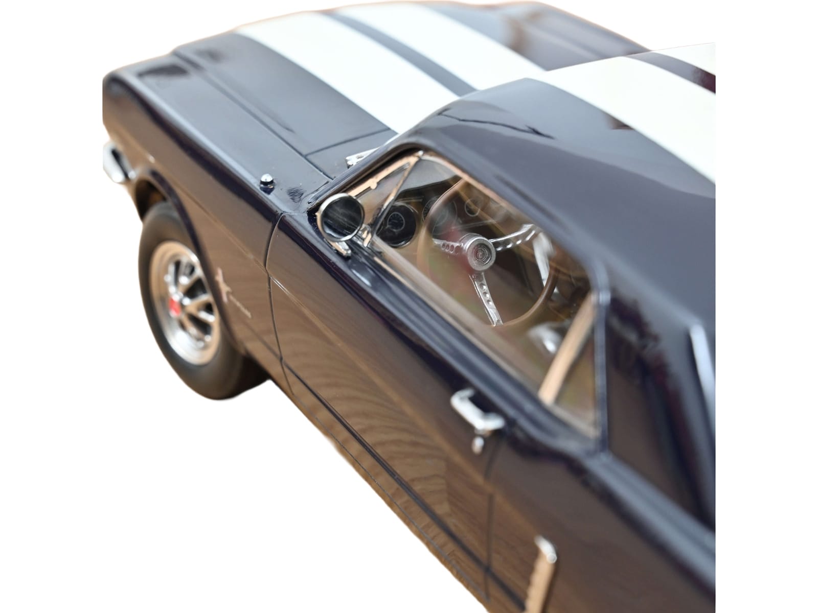 1965 Ford Mustang Hardtop Coupe Nightmist Blue Metallic with White Stripes 1/18 Diecast Model Car by Norev - Image 3