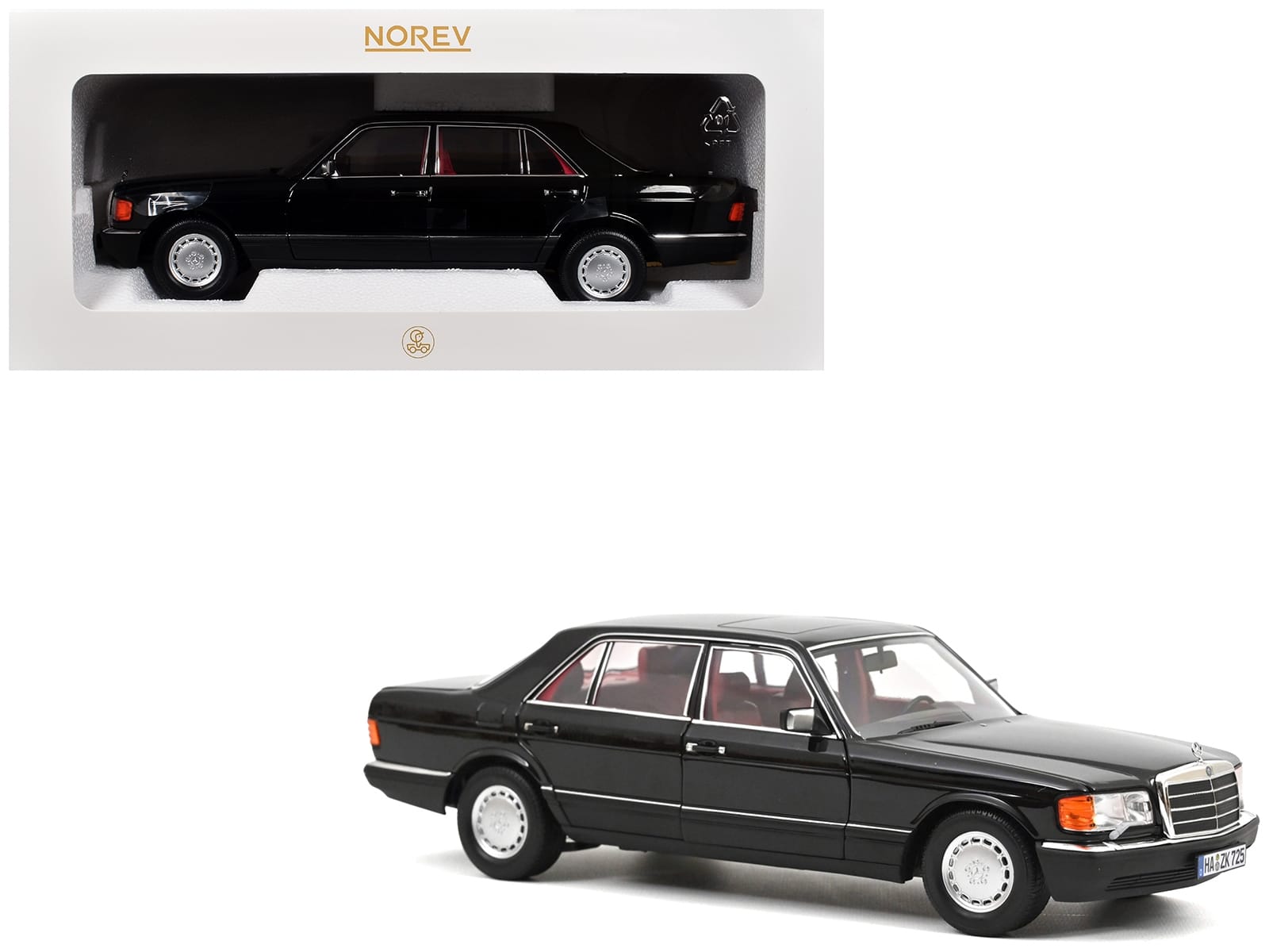 1991 Mercedes-Benz 560 SEL Type W126 Black with Red Interior 1/18 Diecast Model Car by Norev