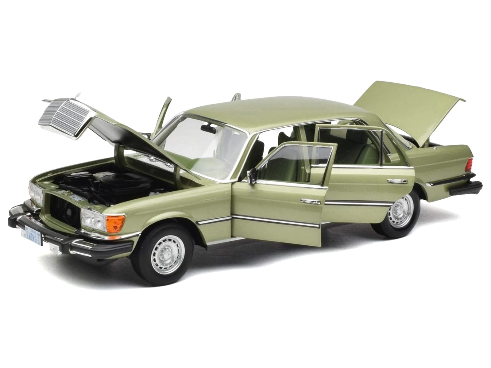 1979 Mercedes-Benz 450 SEL (US Version) Silver Green Metallic with Green Interior 1/18 Diecast Model Car by Norev - Image 2