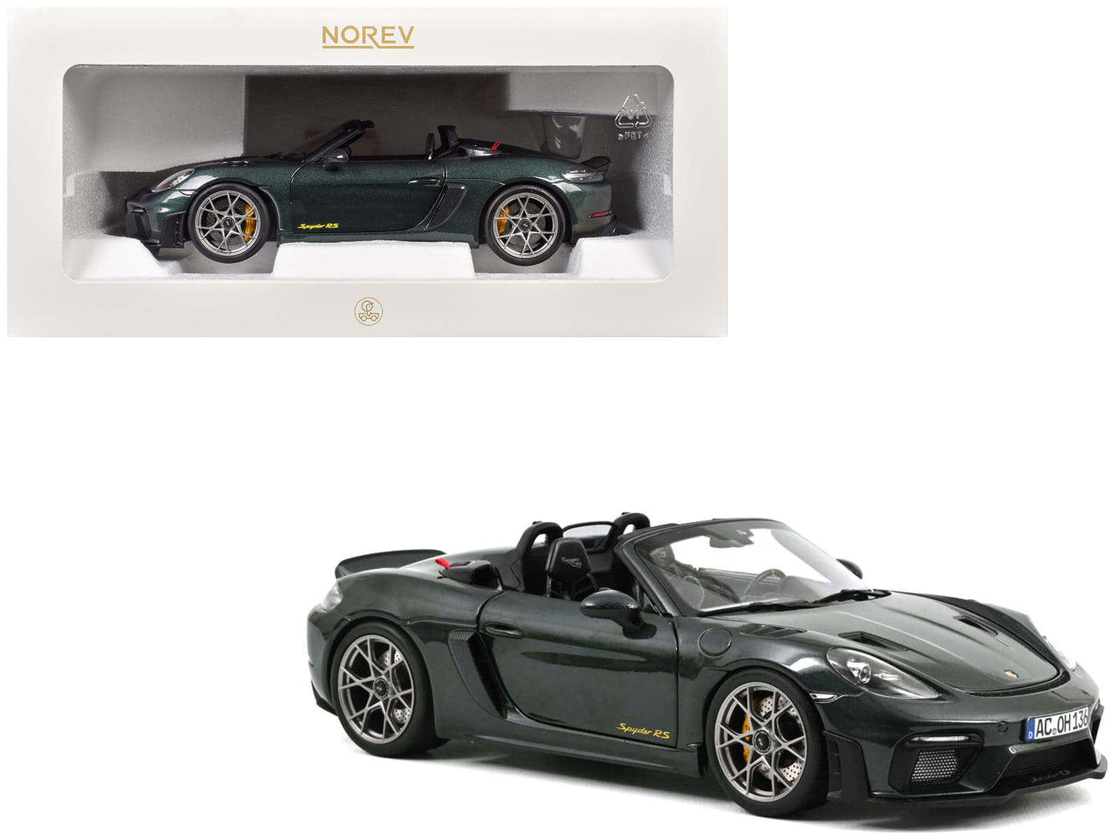 2023 Porsche 718 Spyder RS Weissach Pack Forest Green Metallic with Carbon Hood Stripes 1/18 Diecast Model Car by Norev