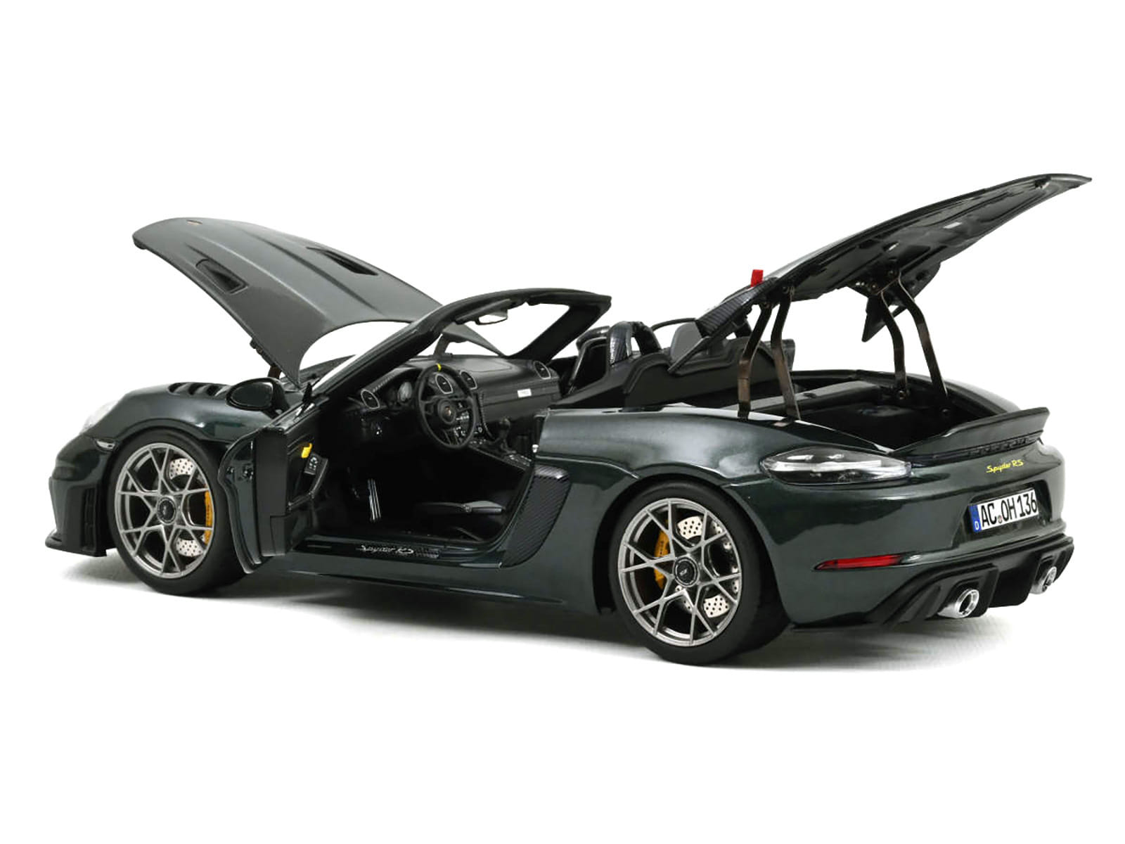 2023 Porsche 718 Spyder RS Weissach Pack Forest Green Metallic with Carbon Hood Stripes 1/18 Diecast Model Car by Norev - Image 2