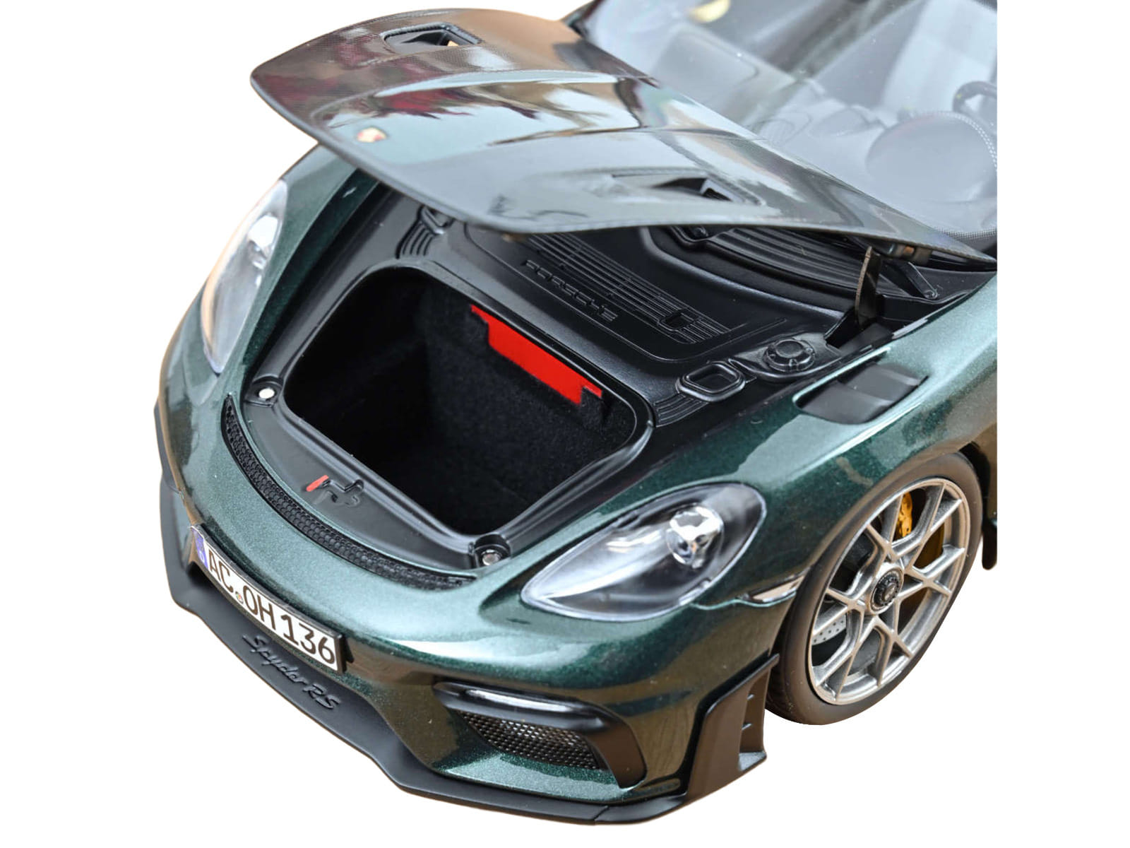 2023 Porsche 718 Spyder RS Weissach Pack Forest Green Metallic with Carbon Hood Stripes 1/18 Diecast Model Car by Norev - Image 3