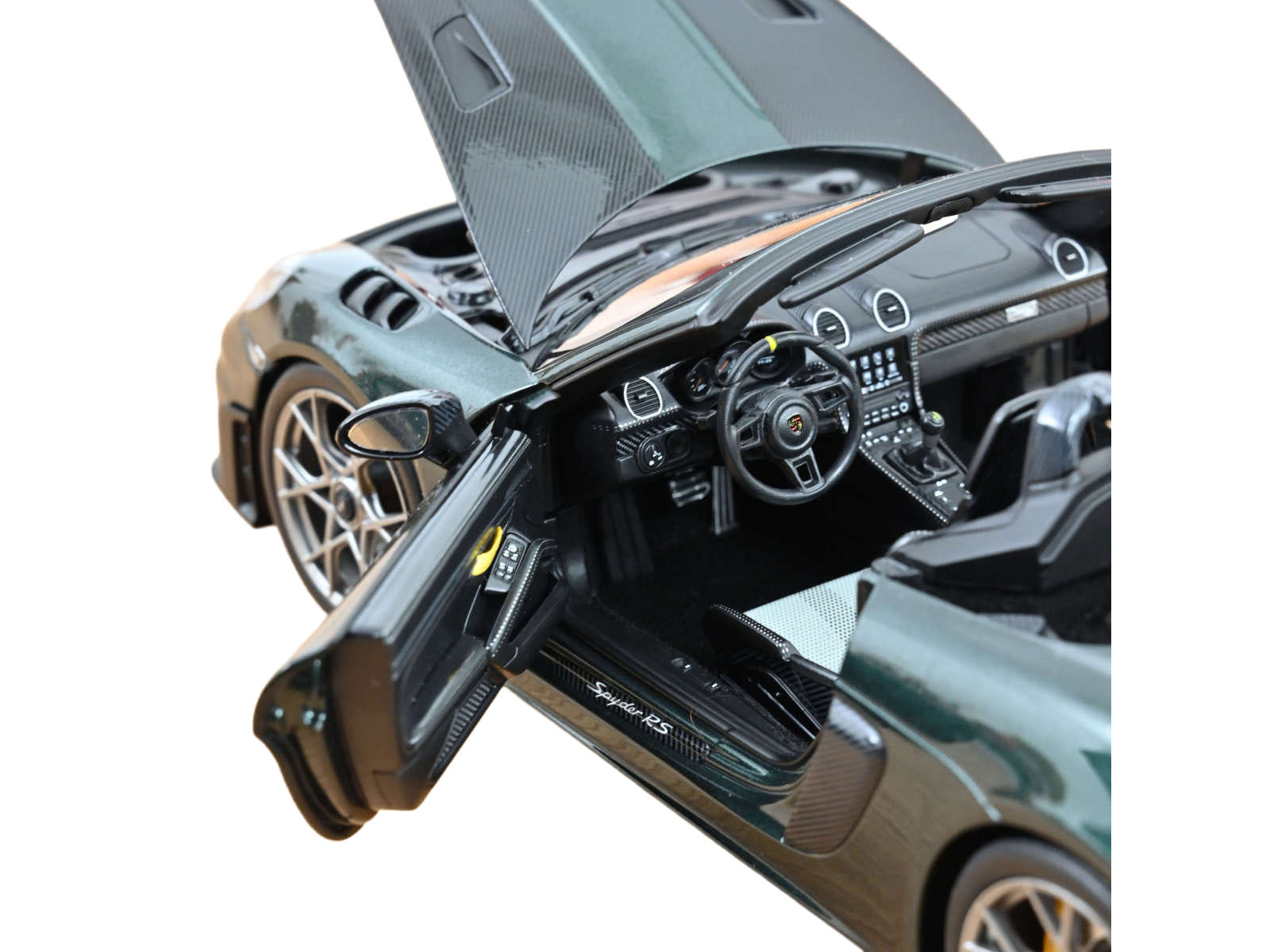 2023 Porsche 718 Spyder RS Weissach Pack Forest Green Metallic with Carbon Hood Stripes 1/18 Diecast Model Car by Norev - Image 4