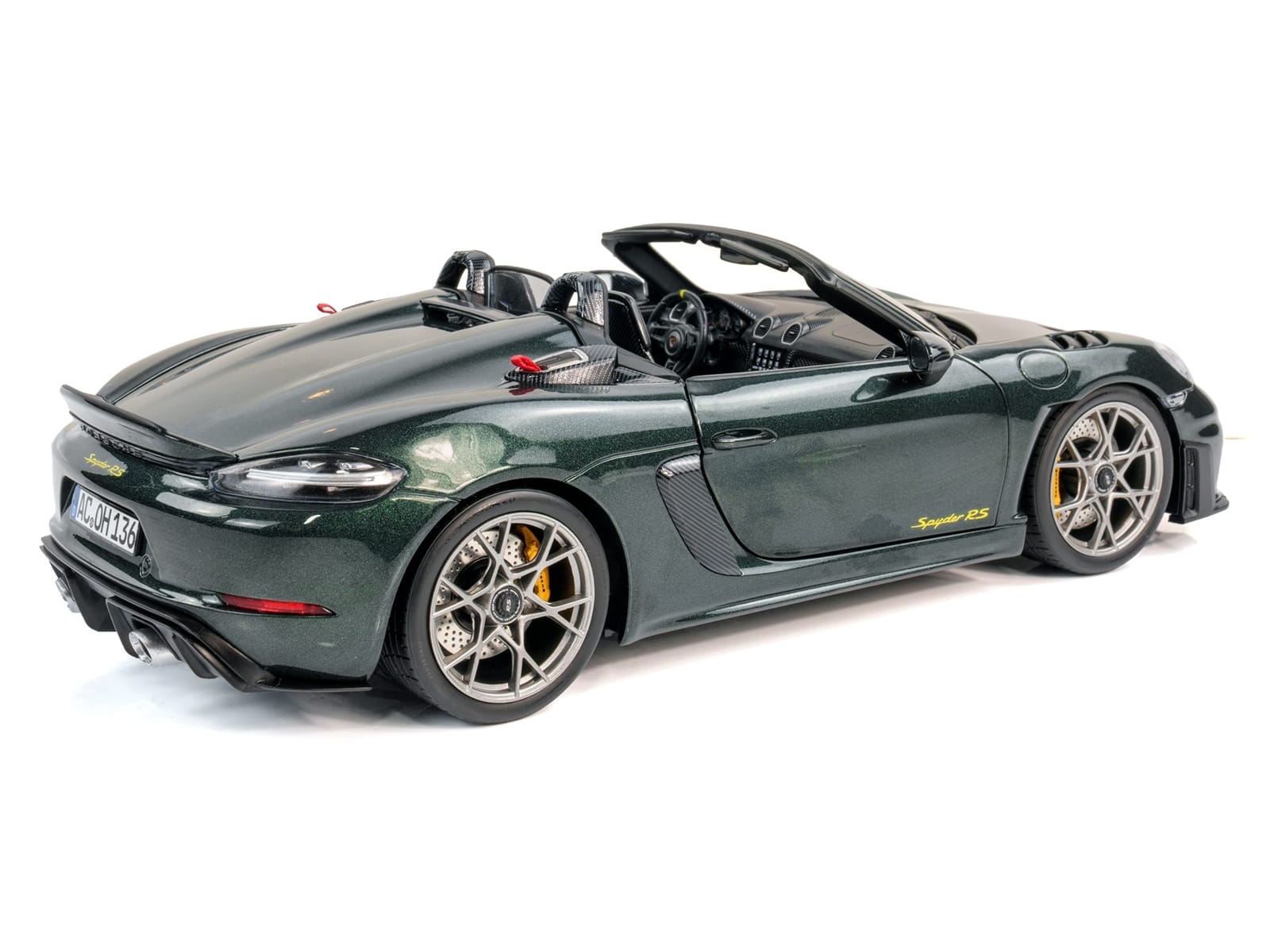 2023 Porsche 718 Spyder RS Weissach Pack Forest Green Metallic with Carbon Hood Stripes 1/18 Diecast Model Car by Norev - Image 5