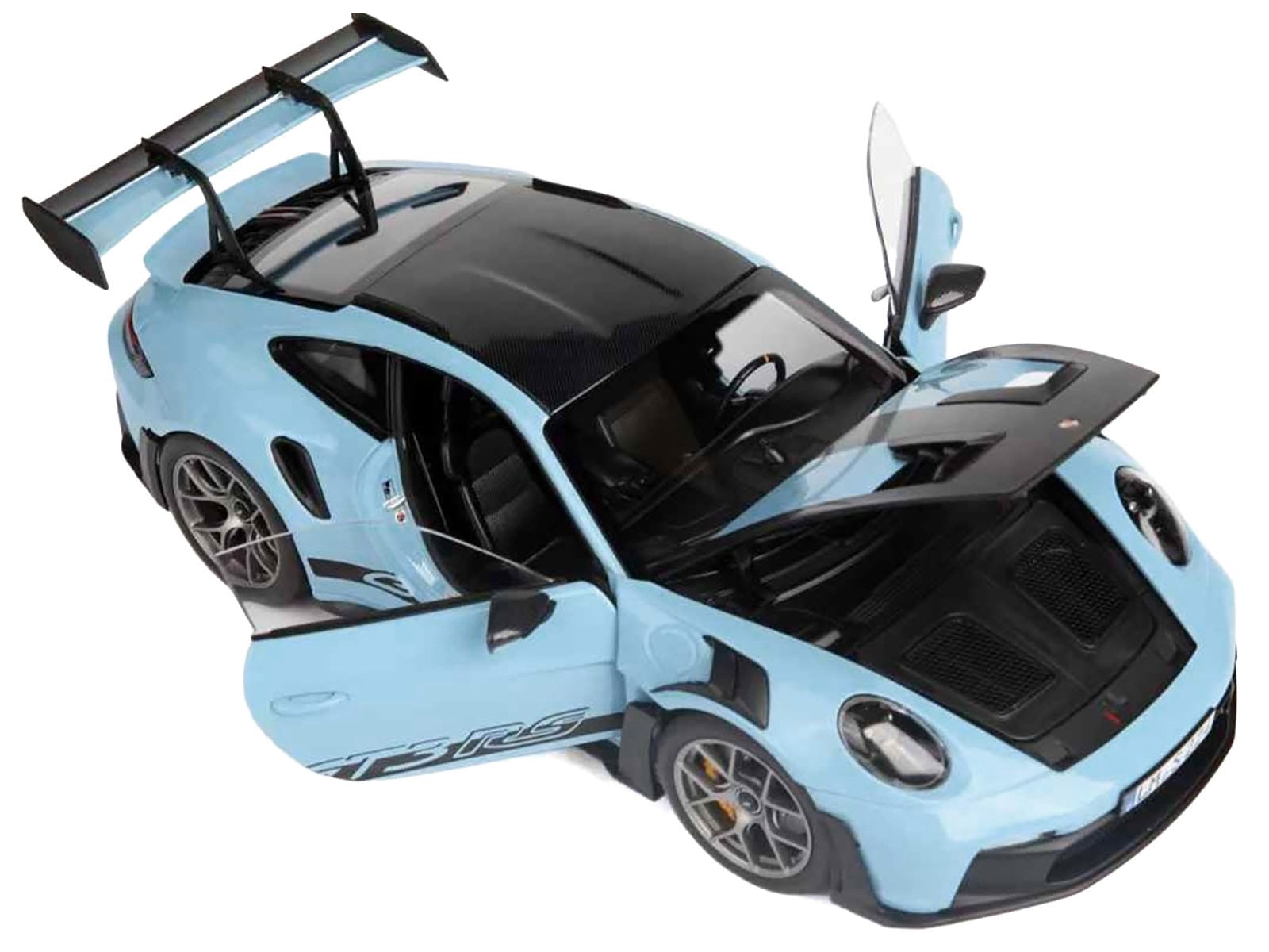 2022 Porsche 911 GT3 RS Weissach Pack Gulf Blue with Carbon Top and Hood Stripes 1/18 Diecast Model Car by Norev - Image 2