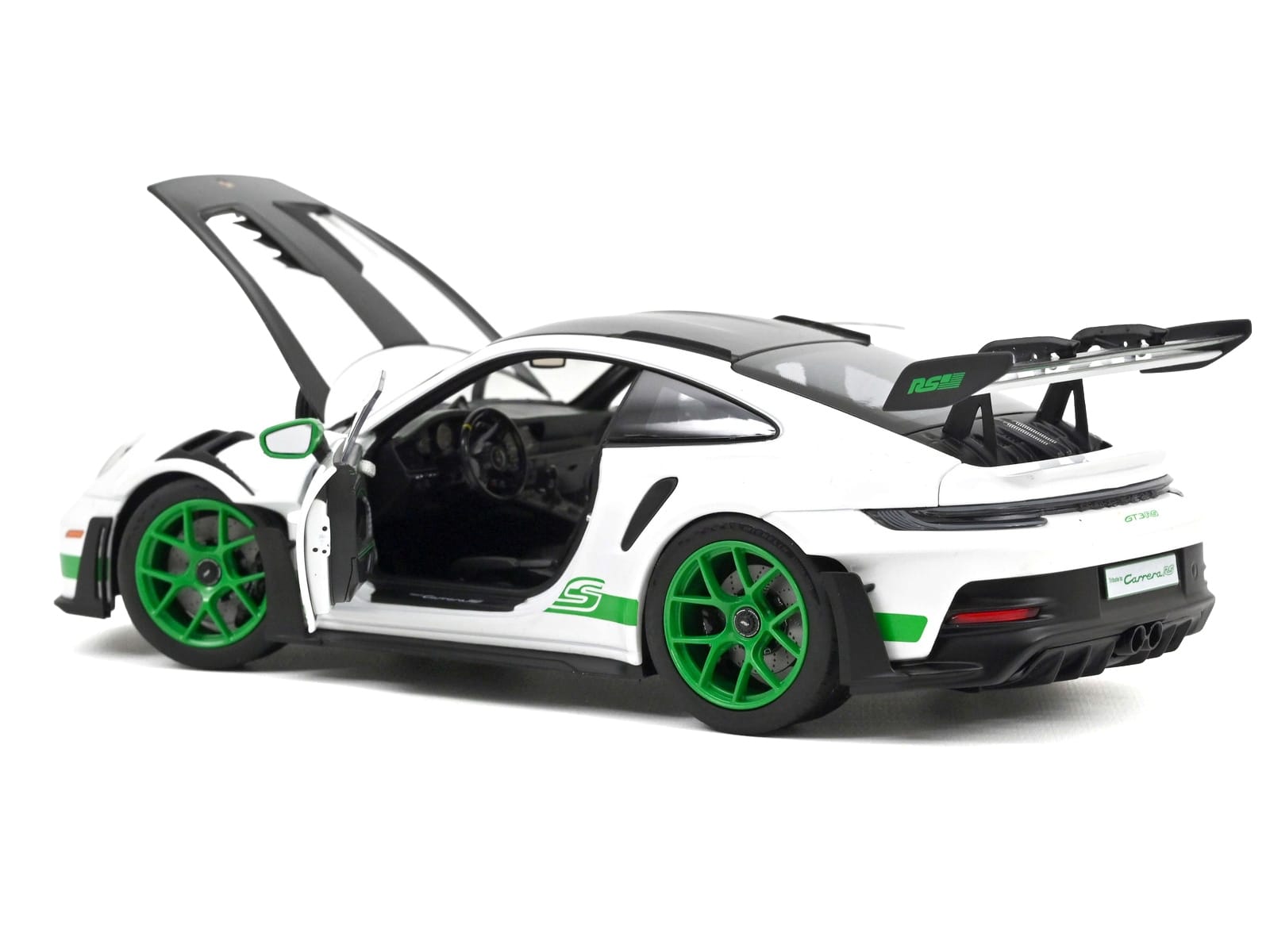 2022 Porsche 911 GT3 RS Weissach Pack White with Green Stripes And Carbon Hood and Top 1/18 Diecast Model Car by Norev - Image 2
