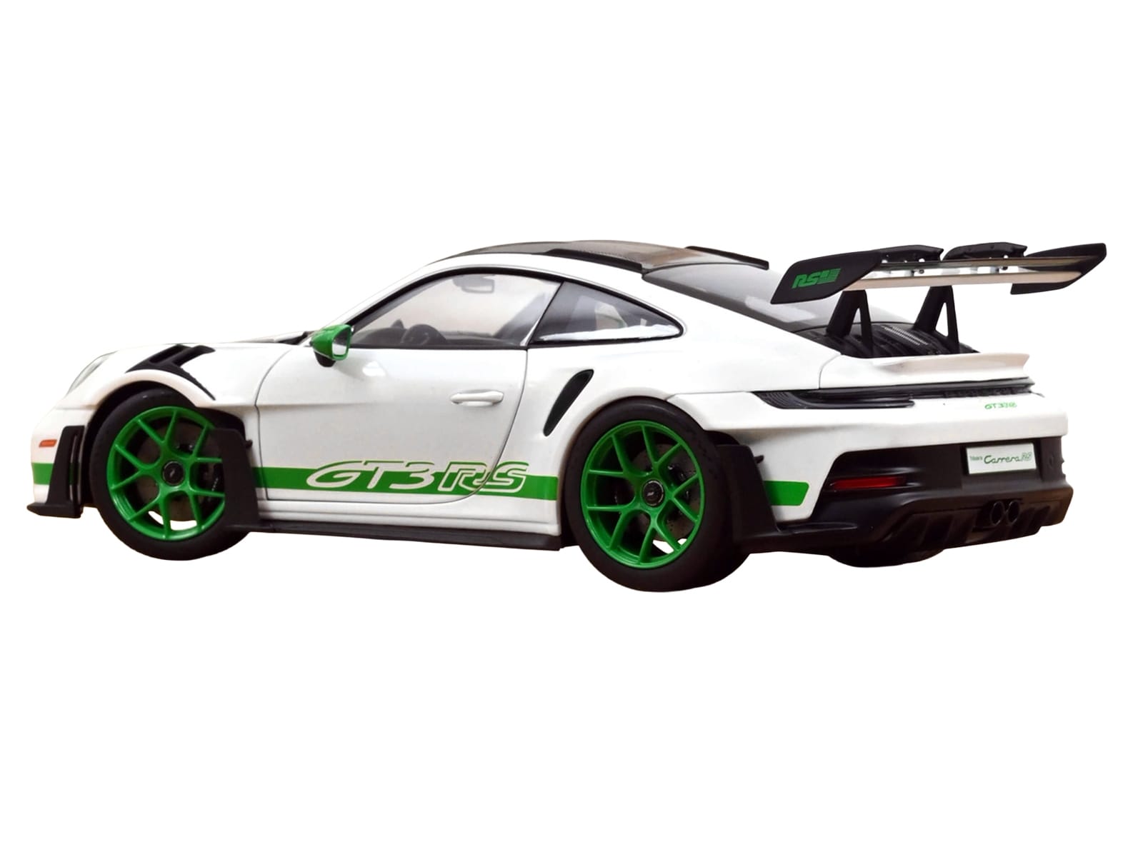 2022 Porsche 911 GT3 RS Weissach Pack White with Green Stripes And Carbon Hood and Top 1/18 Diecast Model Car by Norev - Image 3