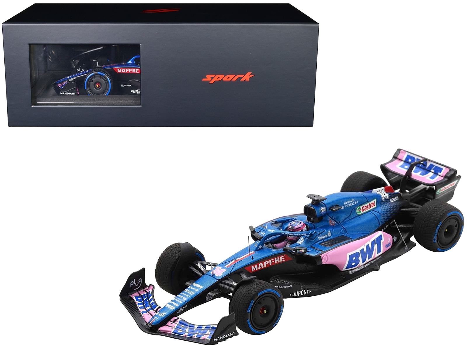 Alpine A522 #14 Fernando Alonso “BWT” Formula One F1 Monaco GP (2022) with Acrylic Display Case 1/18 Model Car by Spark