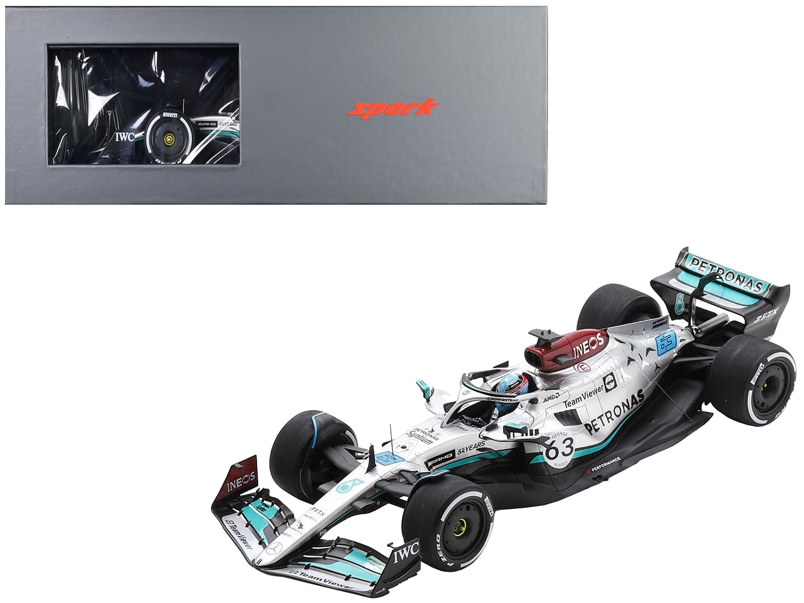 Mercedes-AMG W13 E Performance #63 George Russell “Petronas” Formula One F1 Belgian GP (2022) with Acrylic Display Case 1/18 Model Car by Spark