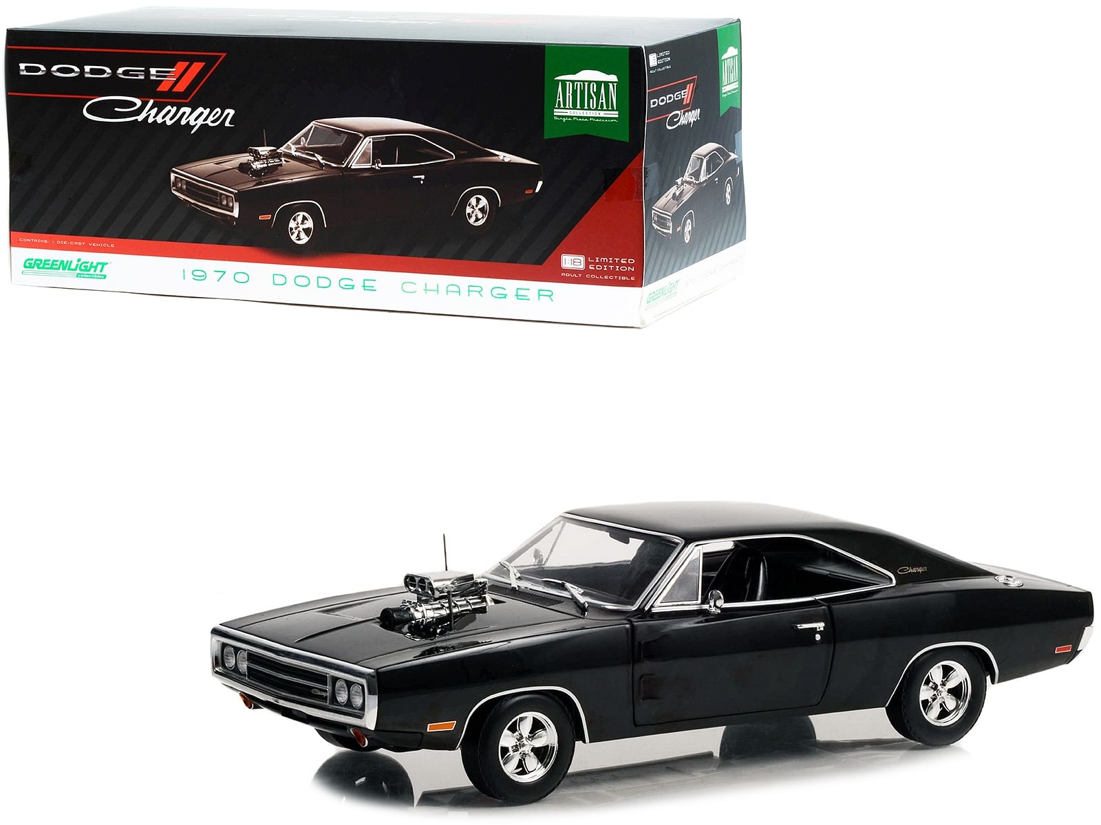 1970 Dodge Charger with Blown Engine Black “Artisan Collection” Series 1/18 Diecast Model Car by Greenlight