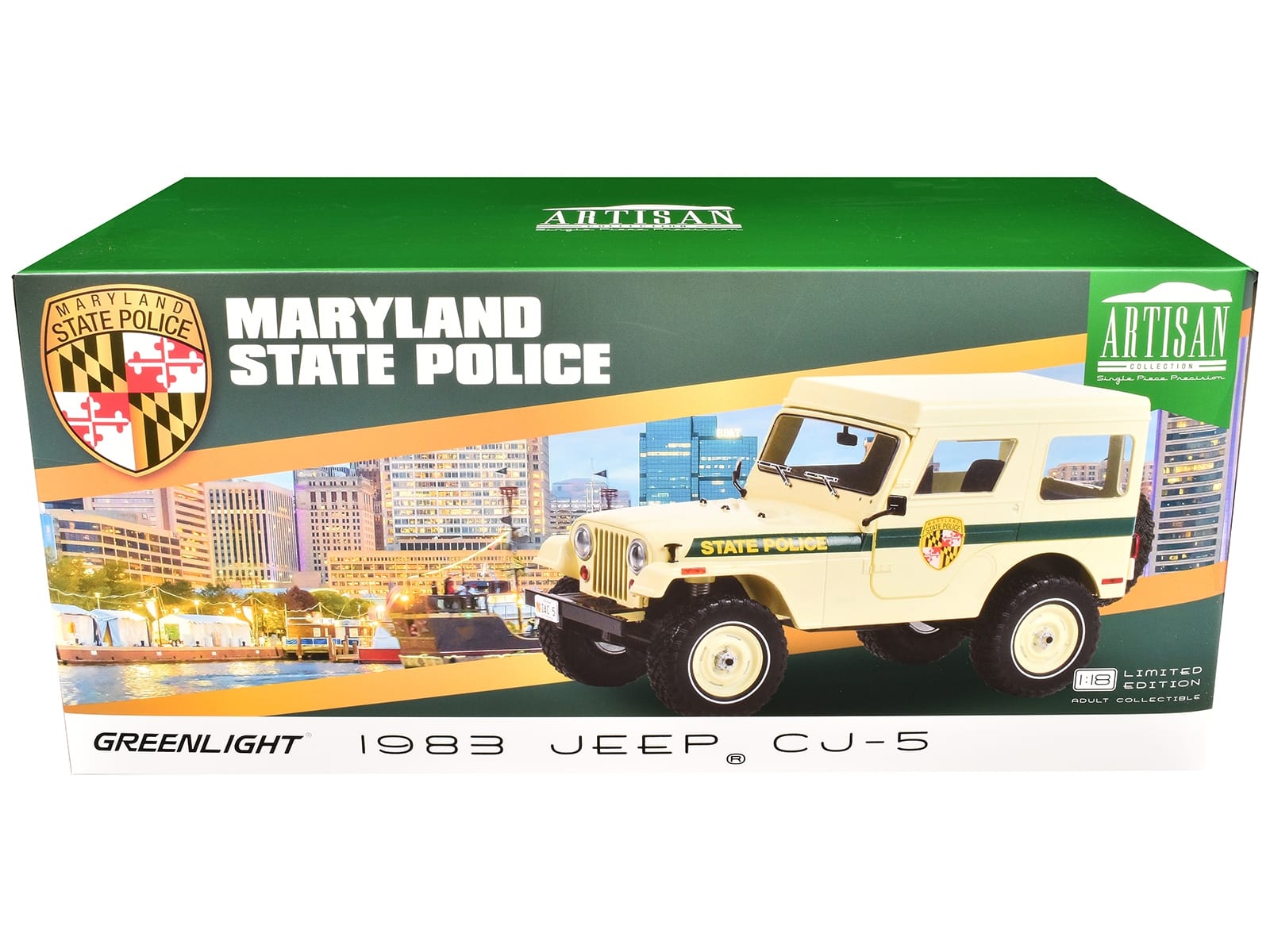 1983 Jeep CJ-5 Hardtop "Maryland State Police" Beige with Green Stripes "Artisan Collection" Series 1/18 Diecast Model Car by Greenlight - Image 3