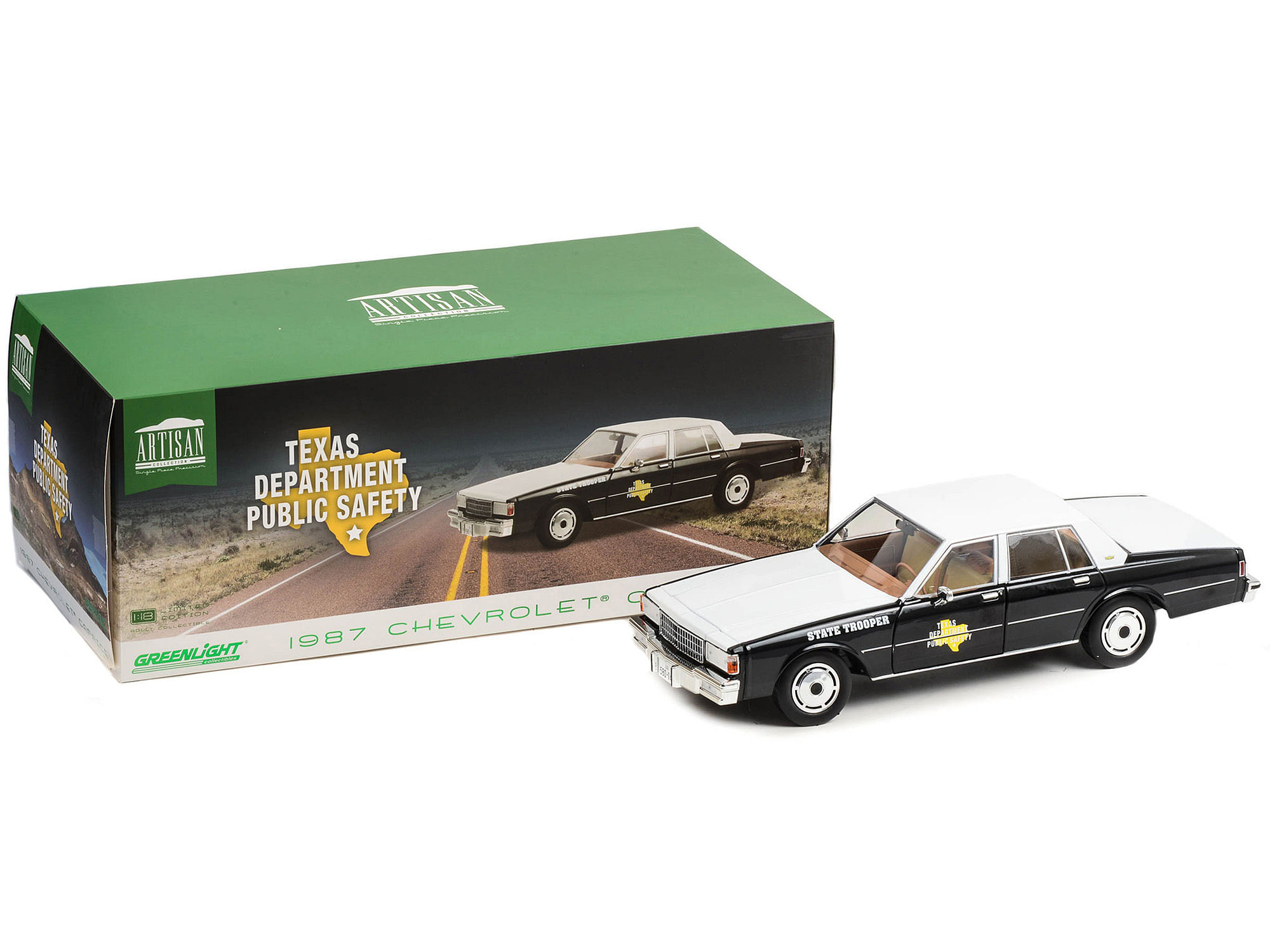 1987 Chevrolet Caprice Police Black and White “Texas Department of Public Safety – State Trooper” “Artisan Collection” 1/18 Diecast Model Car by Greenlight