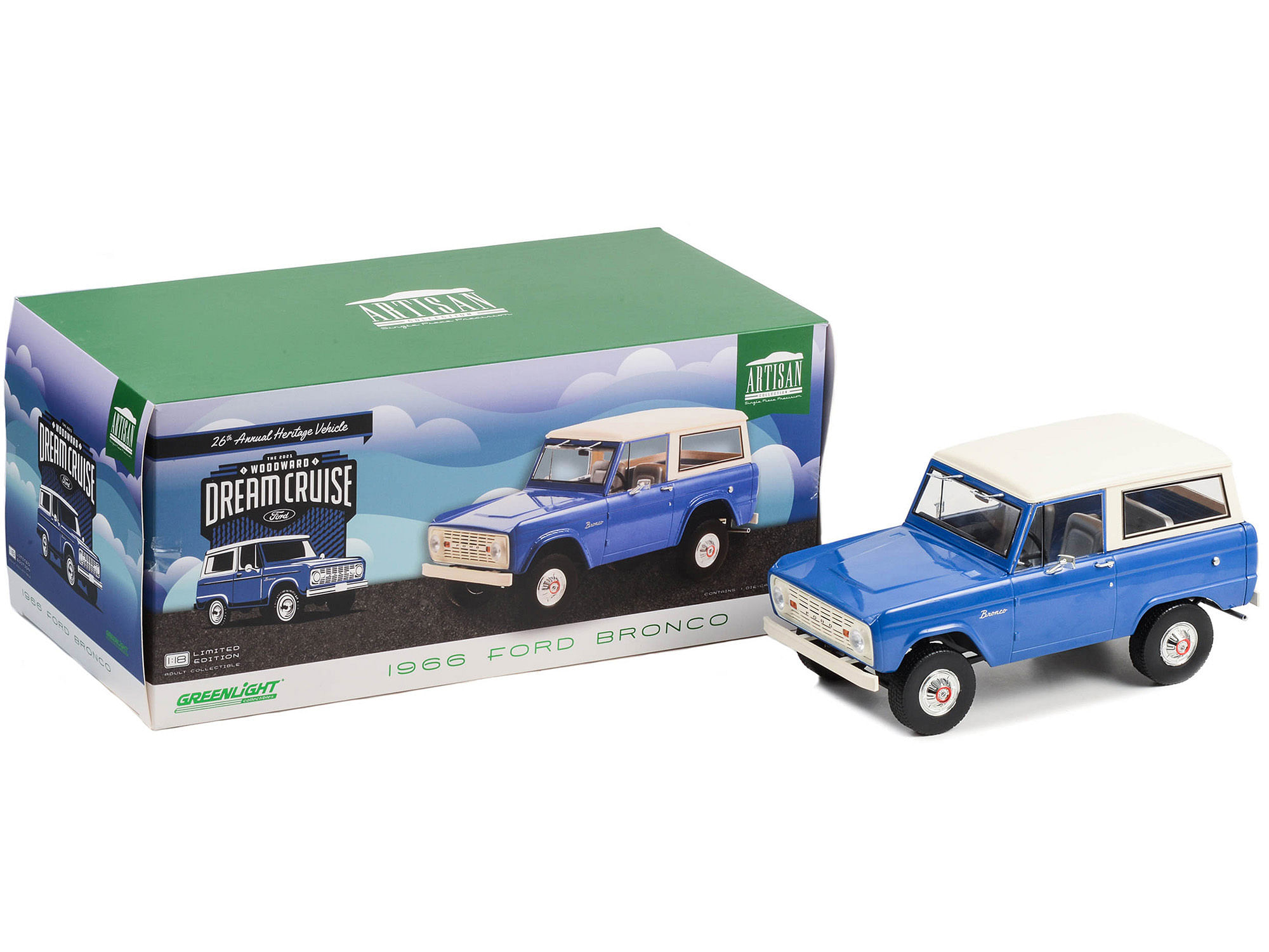 1966 Ford Bronco Blue with Cream Top “26th Annual Woodward Dream Cruise Featured Heritage Vehicle” “Artisan Collection” 1/18 Diecast Model Car by Greenlight