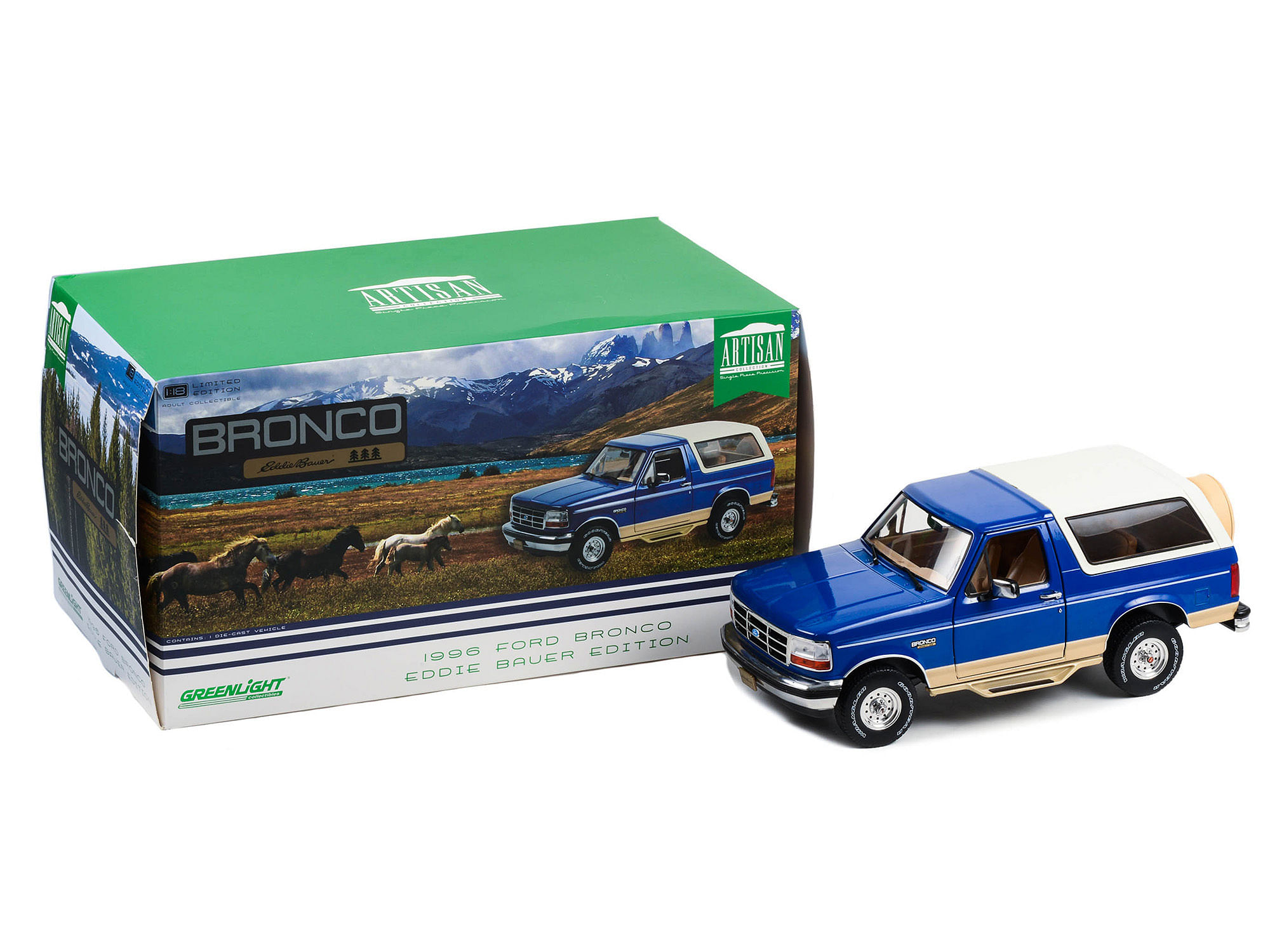 1996 Ford Bronco “Eddie Bauer Edition” Royal Blue and Tucson Bronze with White Top “Artisan Collection” 1/18 Diecast Model Car by Greenlight