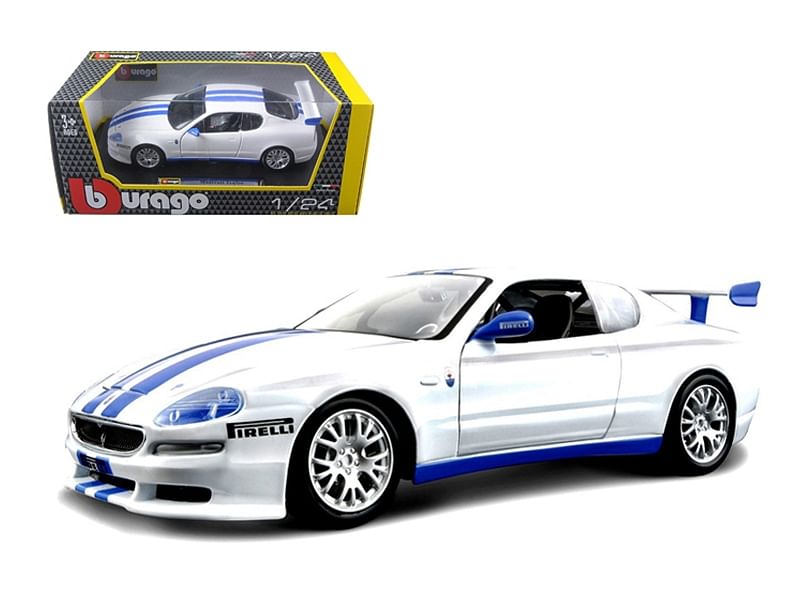 Maserati Trofeo White with Blue Stripes 1/24 Diecast Model Car by Bburago