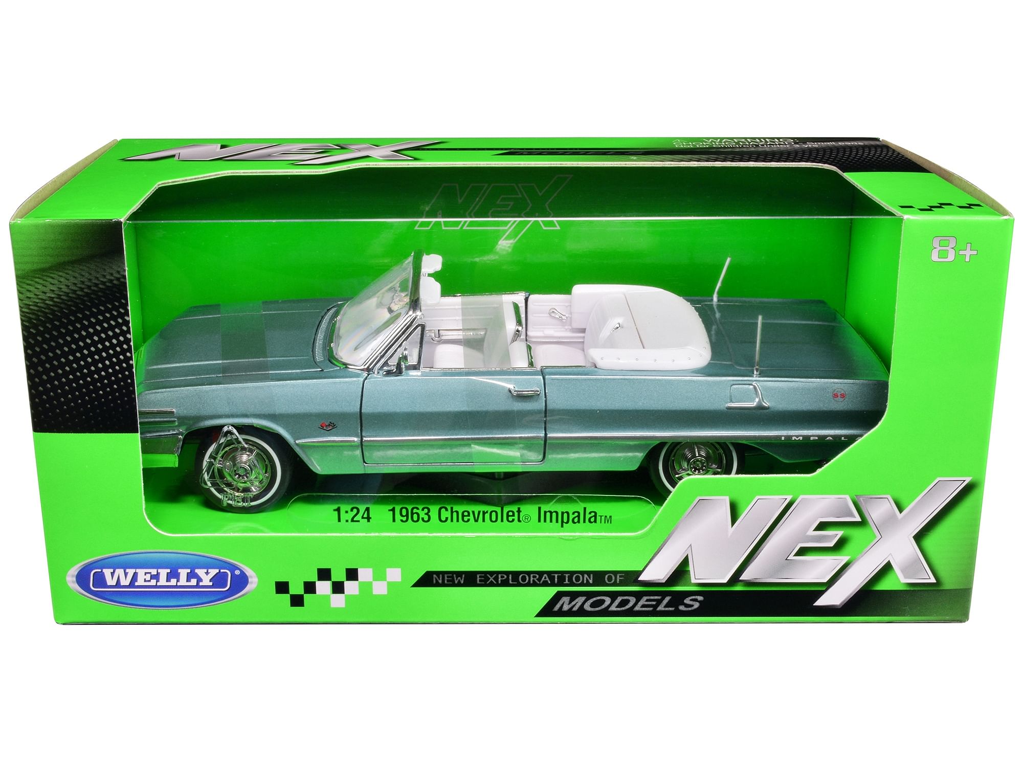 1963 Chevrolet Impala Convertible Light Blue Metallic with White Interior “NEX Models” 1/24 Diecast Model Car by Welly