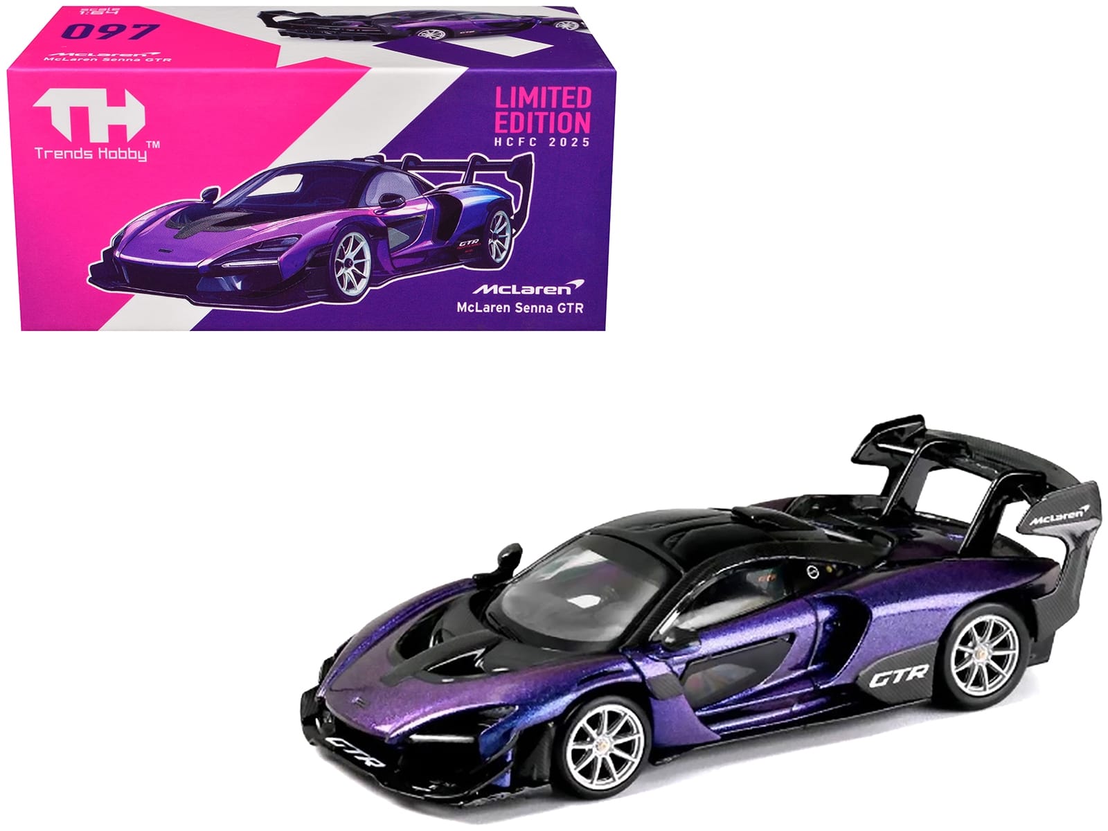 McLaren Senna GTR Midnight Purple Metallic with Black Top "HCFC 2025 Limited Edition" 1/64 Diecast Model Car by Trends Hobby